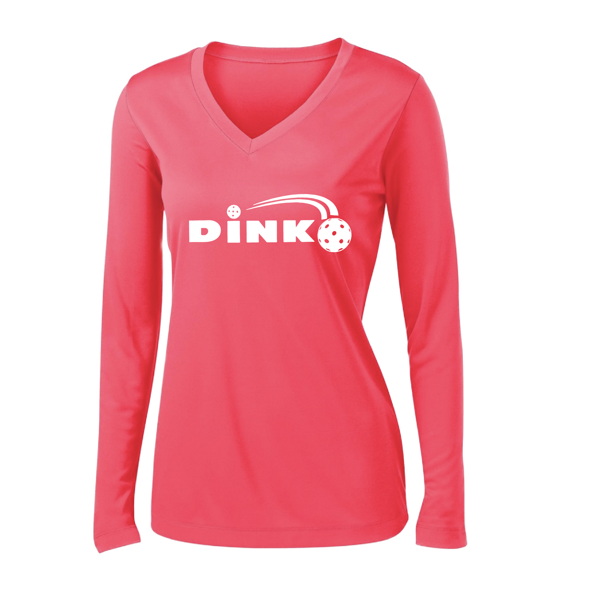 Pickleball Design: Dink  Women's Style: Long Sleeve V-Neck  Turn up the volume in this Women's shirt with its perfect mix of softness and attitude. Material is ultra-comfortable with moisture wicking properties and tri-blend softness. PosiCharge technology locks in color. Highly breathable and lightweight.