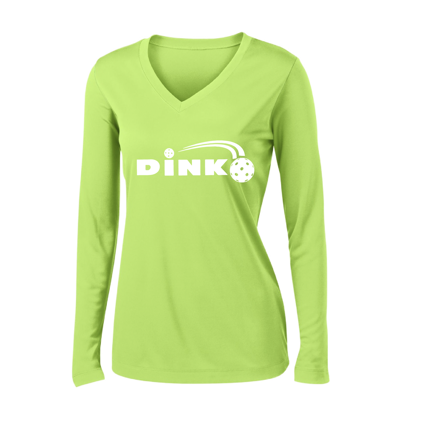 Pickleball Design: Dink  Women's Style: Long Sleeve V-Neck  Turn up the volume in this Women's shirt with its perfect mix of softness and attitude. Material is ultra-comfortable with moisture wicking properties and tri-blend softness. PosiCharge technology locks in color. Highly breathable and lightweight.