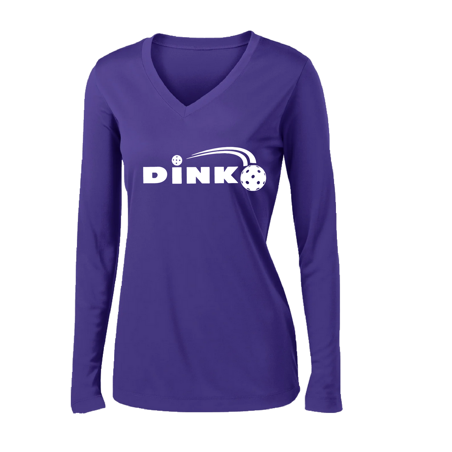 Pickleball Design: Dink  Women's Style: Long Sleeve V-Neck  Turn up the volume in this Women's shirt with its perfect mix of softness and attitude. Material is ultra-comfortable with moisture wicking properties and tri-blend softness. PosiCharge technology locks in color. Highly breathable and lightweight.