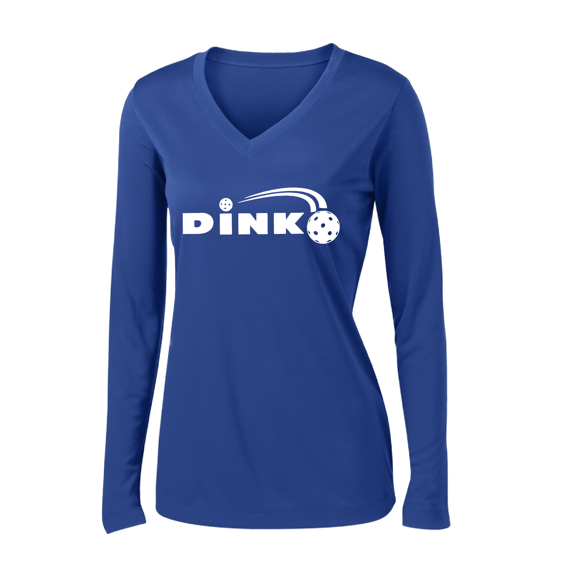Pickleball Design: Dink  Women's Style: Long Sleeve V-Neck  Turn up the volume in this Women's shirt with its perfect mix of softness and attitude. Material is ultra-comfortable with moisture wicking properties and tri-blend softness. PosiCharge technology locks in color. Highly breathable and lightweight.