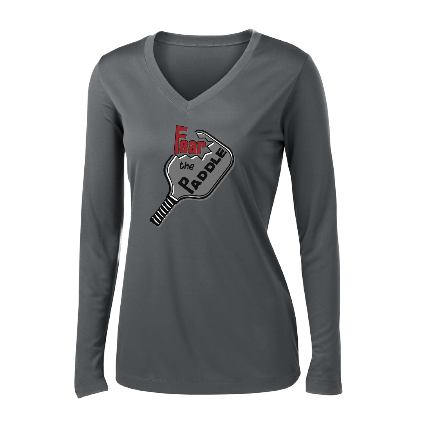 Pickleball Design: Fear the Paddle  Women's Style: Long Sleeve V-Neck  Turn up the volume in this Women's shirt with its perfect mix of softness and attitude. Material is ultra-comfortable with moisture wicking properties and tri-blend softness. PosiCharge technology locks in color. Highly breathable and lightweight.