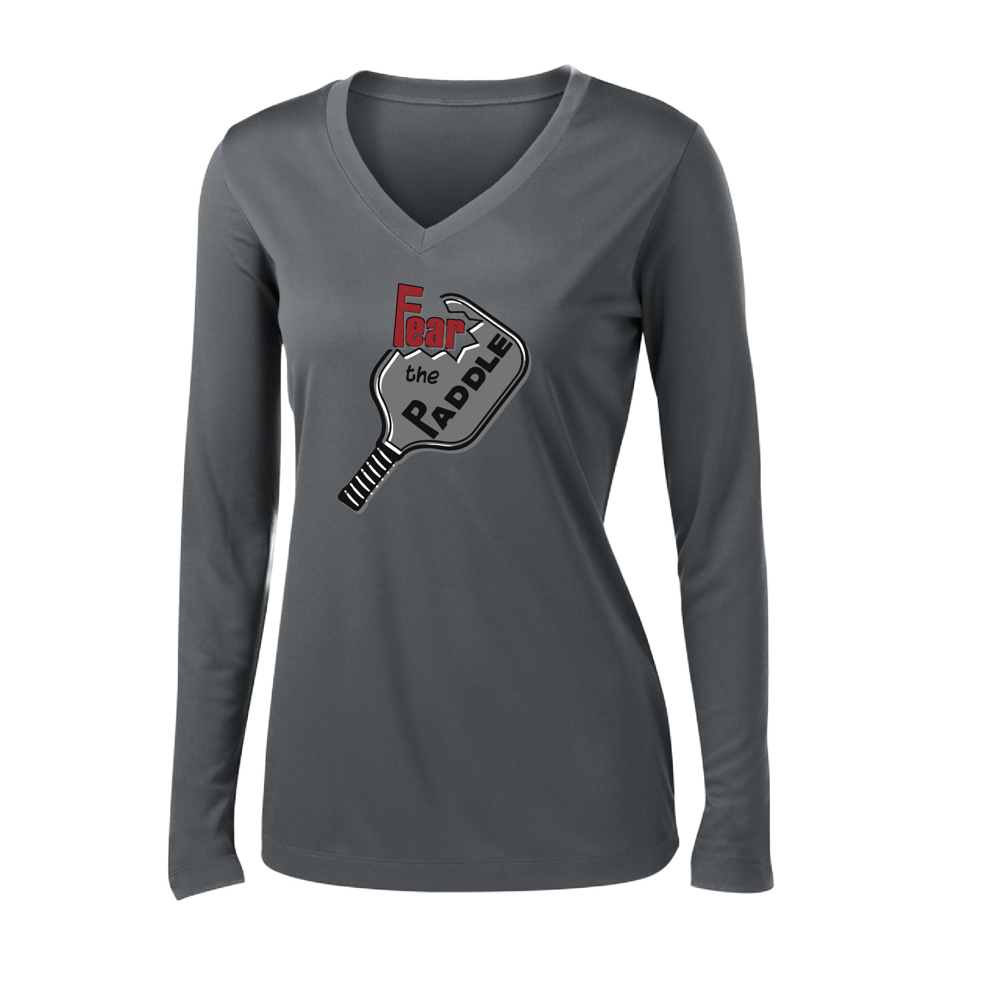 Pickleball Design: Fear the Paddle  Women's Style: Long Sleeve V-Neck  Turn up the volume in this Women's shirt with its perfect mix of softness and attitude. Material is ultra-comfortable with moisture wicking properties and tri-blend softness. PosiCharge technology locks in color. Highly breathable and lightweight.