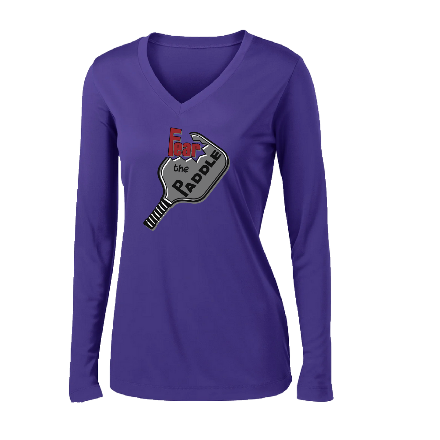 Pickleball Design: Fear the Paddle  Women's Style: Long Sleeve V-Neck  Turn up the volume in this Women's shirt with its perfect mix of softness and attitude. Material is ultra-comfortable with moisture wicking properties and tri-blend softness. PosiCharge technology locks in color. Highly breathable and lightweight.