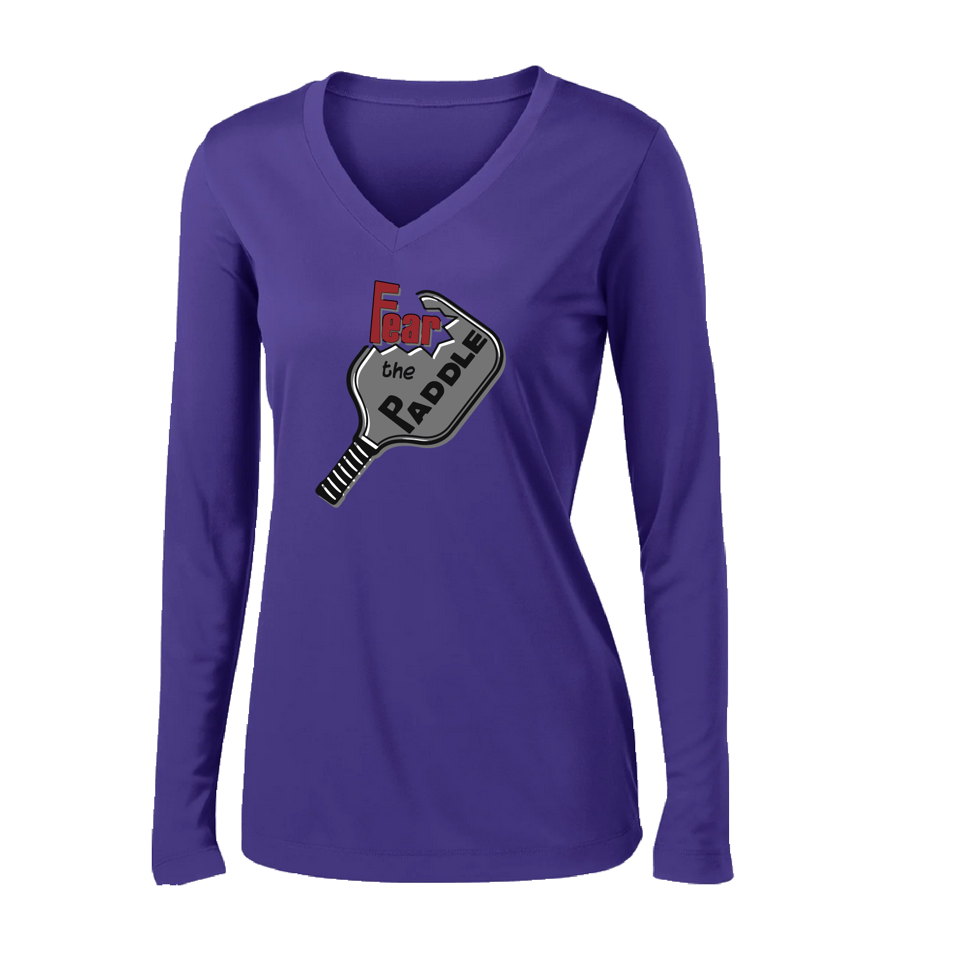 Pickleball Design: Fear the Paddle  Women's Style: Long Sleeve V-Neck  Turn up the volume in this Women's shirt with its perfect mix of softness and attitude. Material is ultra-comfortable with moisture wicking properties and tri-blend softness. PosiCharge technology locks in color. Highly breathable and lightweight.