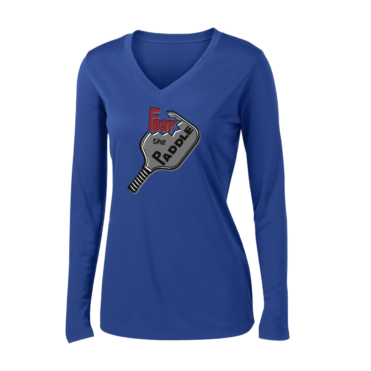 Pickleball Design: Fear the Paddle  Women's Style: Long Sleeve V-Neck  Turn up the volume in this Women's shirt with its perfect mix of softness and attitude. Material is ultra-comfortable with moisture wicking properties and tri-blend softness. PosiCharge technology locks in color. Highly breathable and lightweight.