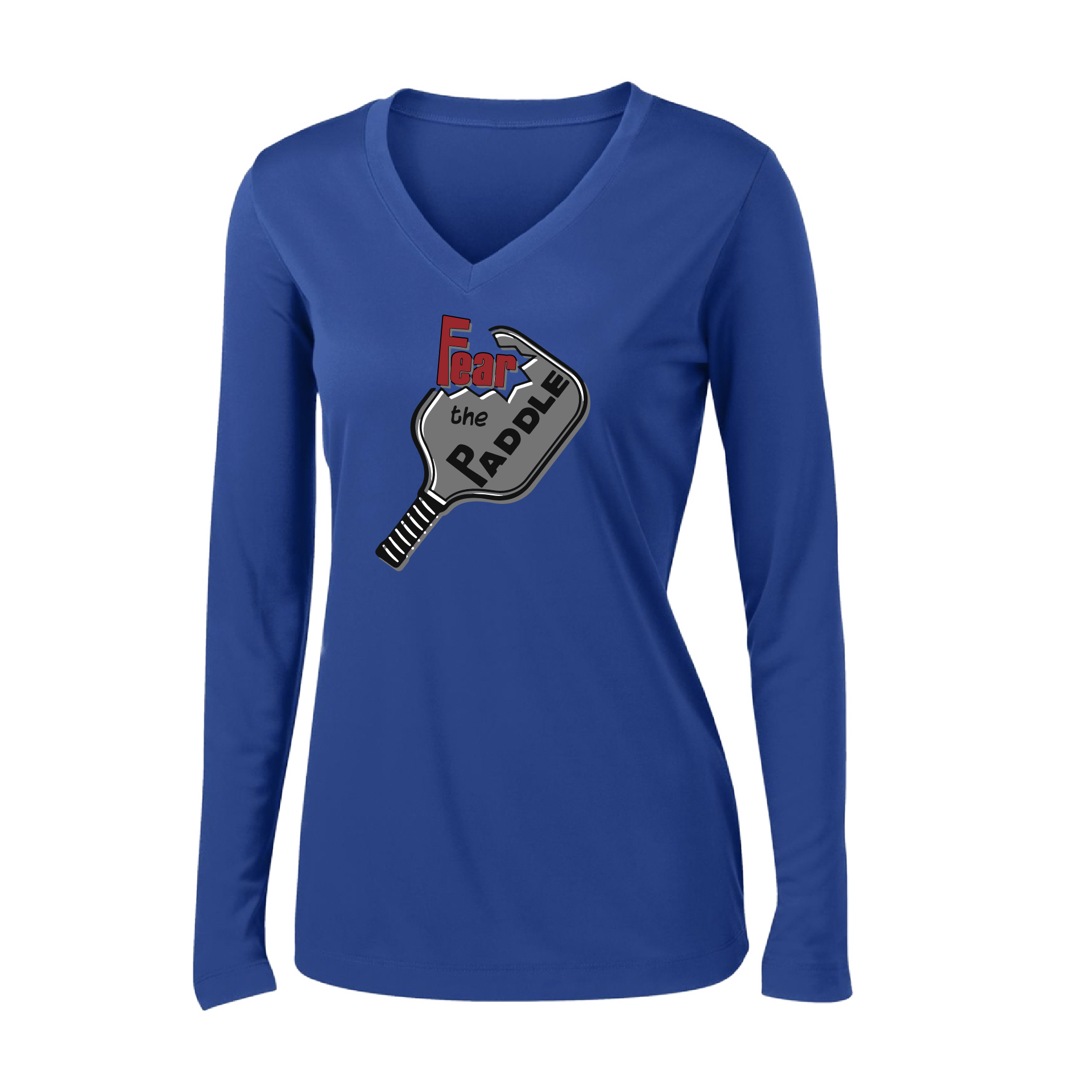 Pickleball Design: Fear the Paddle  Women's Style: Long Sleeve V-Neck  Turn up the volume in this Women's shirt with its perfect mix of softness and attitude. Material is ultra-comfortable with moisture wicking properties and tri-blend softness. PosiCharge technology locks in color. Highly breathable and lightweight.