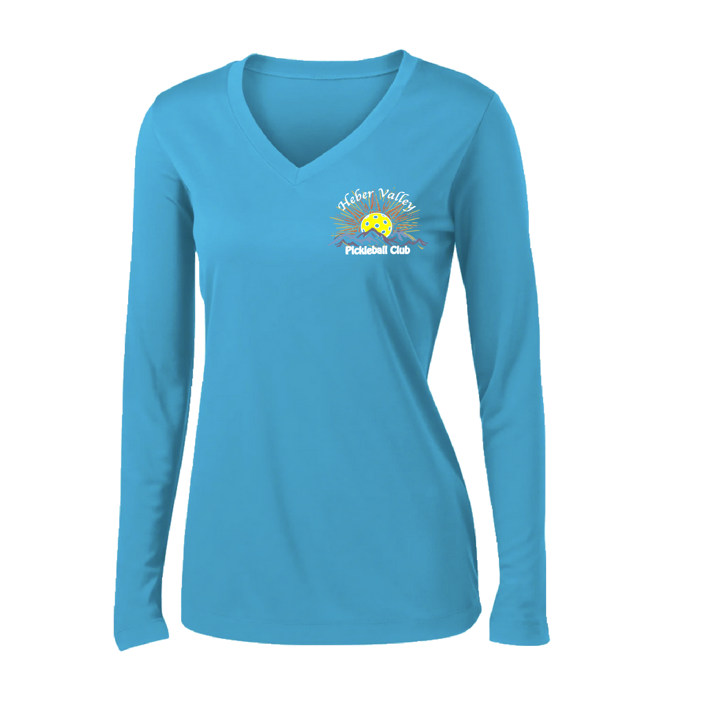 Pickleball Shirt Design: Heber Valley Pickleball Club  Women's Style: Long Sleeve V-Neck  Turn up the volume in this Women's shirt with its perfect mix of softness and attitude. Material is ultra-comfortable with moisture wicking properties and tri-blend softness. PosiCharge technology locks in color. Highly breathable and lightweight.