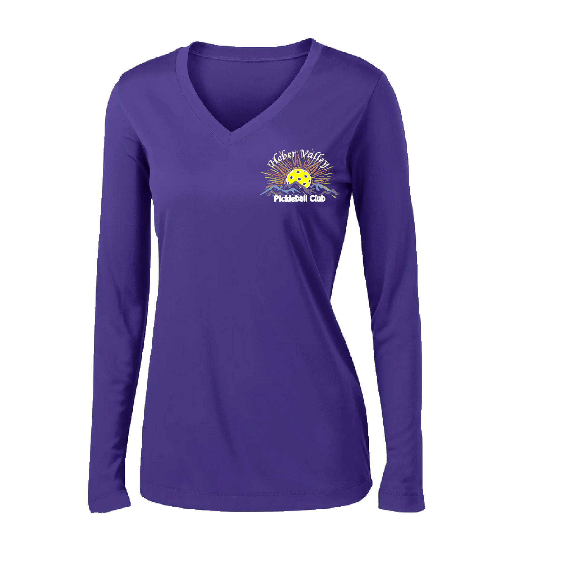 Pickleball Shirt Design: Heber Valley Pickleball Club  Women's Style: Long Sleeve V-Neck  Turn up the volume in this Women's shirt with its perfect mix of softness and attitude. Material is ultra-comfortable with moisture wicking properties and tri-blend softness. PosiCharge technology locks in color. Highly breathable and lightweight.