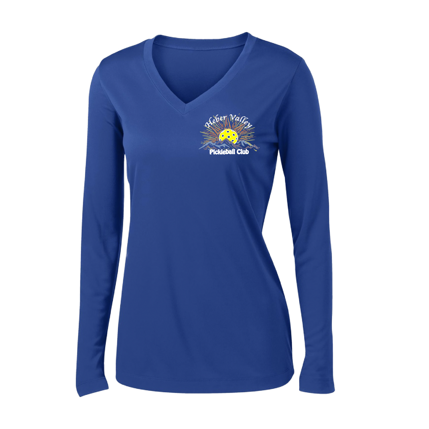 Pickleball Shirt Design: Heber Valley Pickleball Club  Women's Style: Long Sleeve V-Neck  Turn up the volume in this Women's shirt with its perfect mix of softness and attitude. Material is ultra-comfortable with moisture wicking properties and tri-blend softness. PosiCharge technology locks in color. Highly breathable and lightweight.