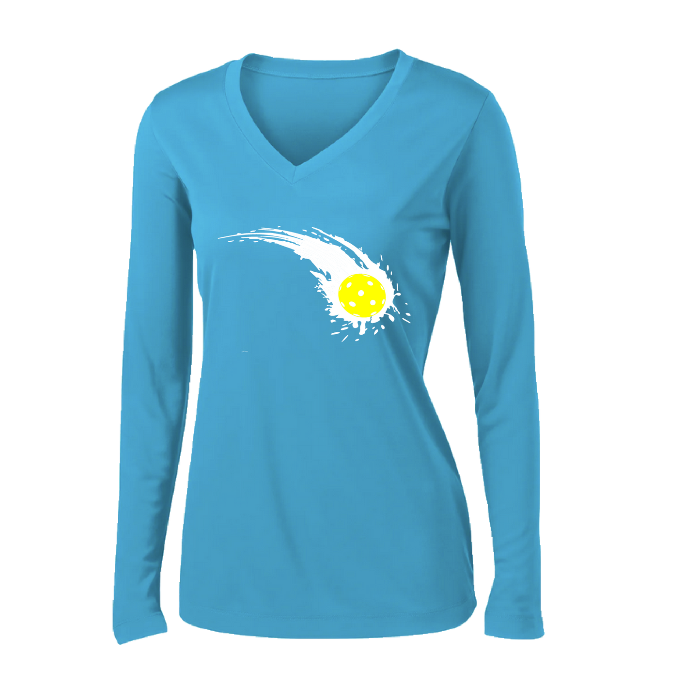 Pickleball Design: Impact  Women's Style: Long Sleeve V-Neck  Turn up the volume in this Women's shirt with its perfect mix of softness and attitude. Material is ultra-comfortable with moisture wicking properties and tri-blend softness. PosiCharge technology locks in color. Highly breathable and lightweight.