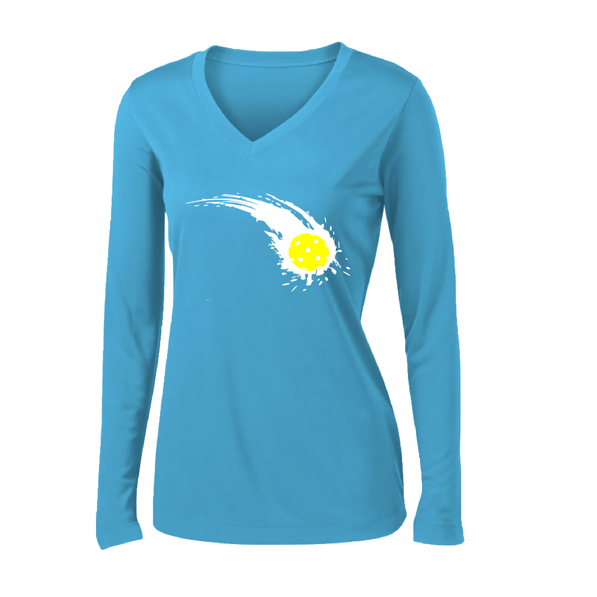 Pickleball Design: Impact  Women's Style: Long Sleeve V-Neck  Turn up the volume in this Women's shirt with its perfect mix of softness and attitude. Material is ultra-comfortable with moisture wicking properties and tri-blend softness. PosiCharge technology locks in color. Highly breathable and lightweight.