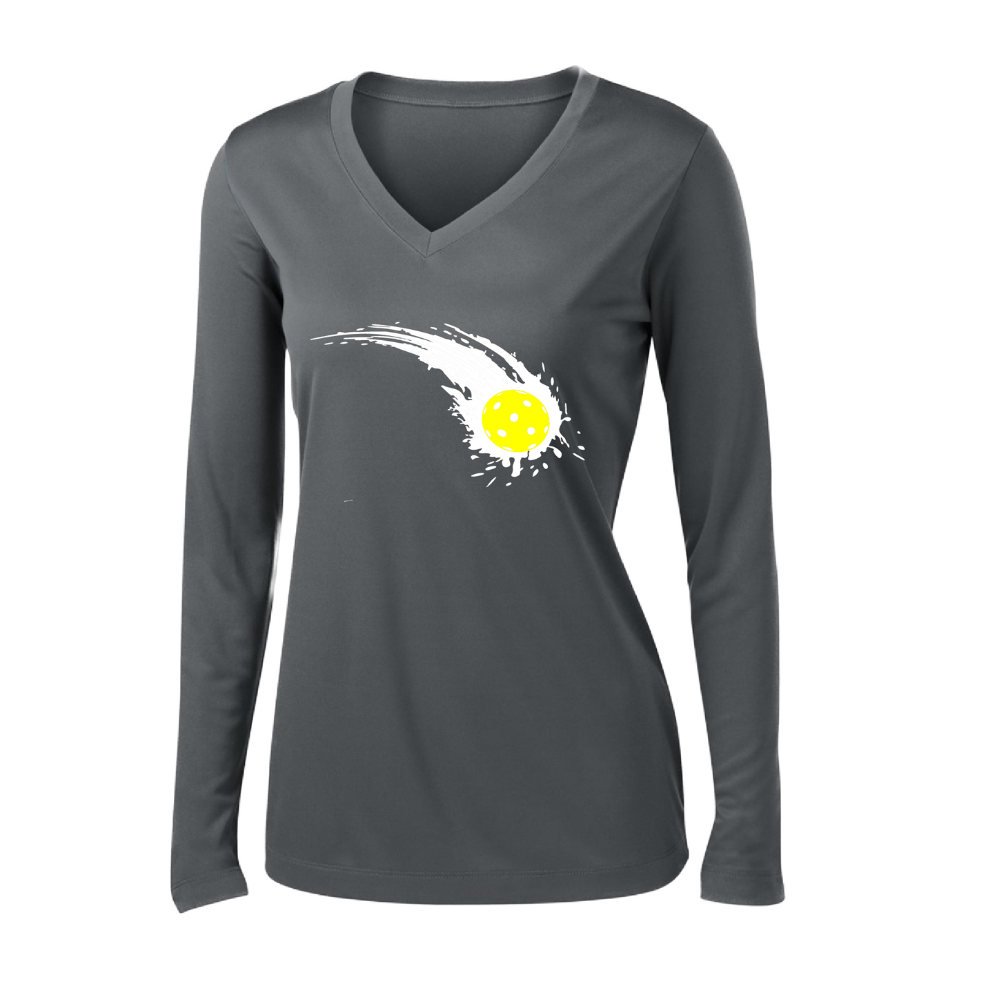 Pickleball Design: Impact  Women's Style: Long Sleeve V-Neck  Turn up the volume in this Women's shirt with its perfect mix of softness and attitude. Material is ultra-comfortable with moisture wicking properties and tri-blend softness. PosiCharge technology locks in color. Highly breathable and lightweight.