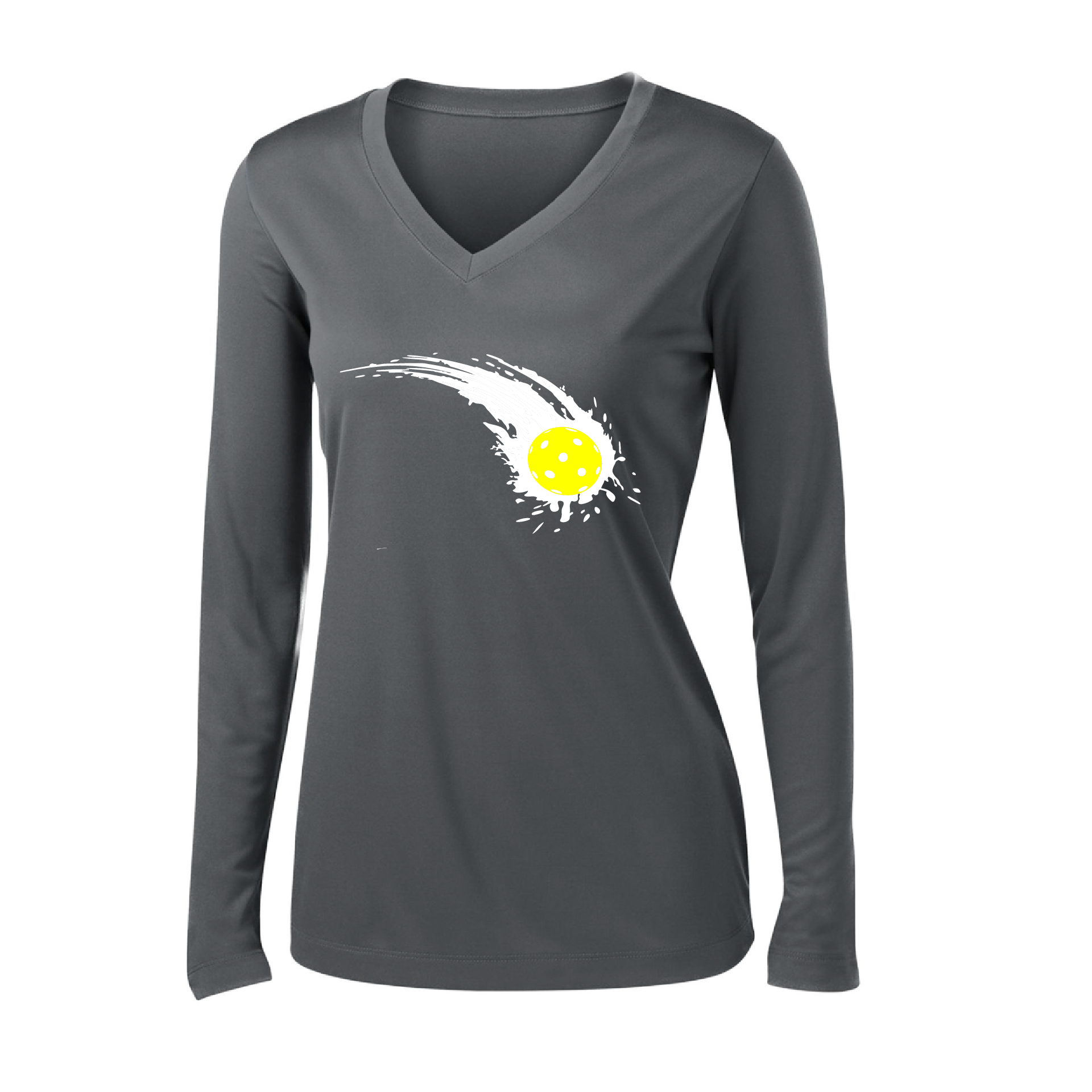 Pickleball Design: Impact  Women's Style: Long Sleeve V-Neck  Turn up the volume in this Women's shirt with its perfect mix of softness and attitude. Material is ultra-comfortable with moisture wicking properties and tri-blend softness. PosiCharge technology locks in color. Highly breathable and lightweight.