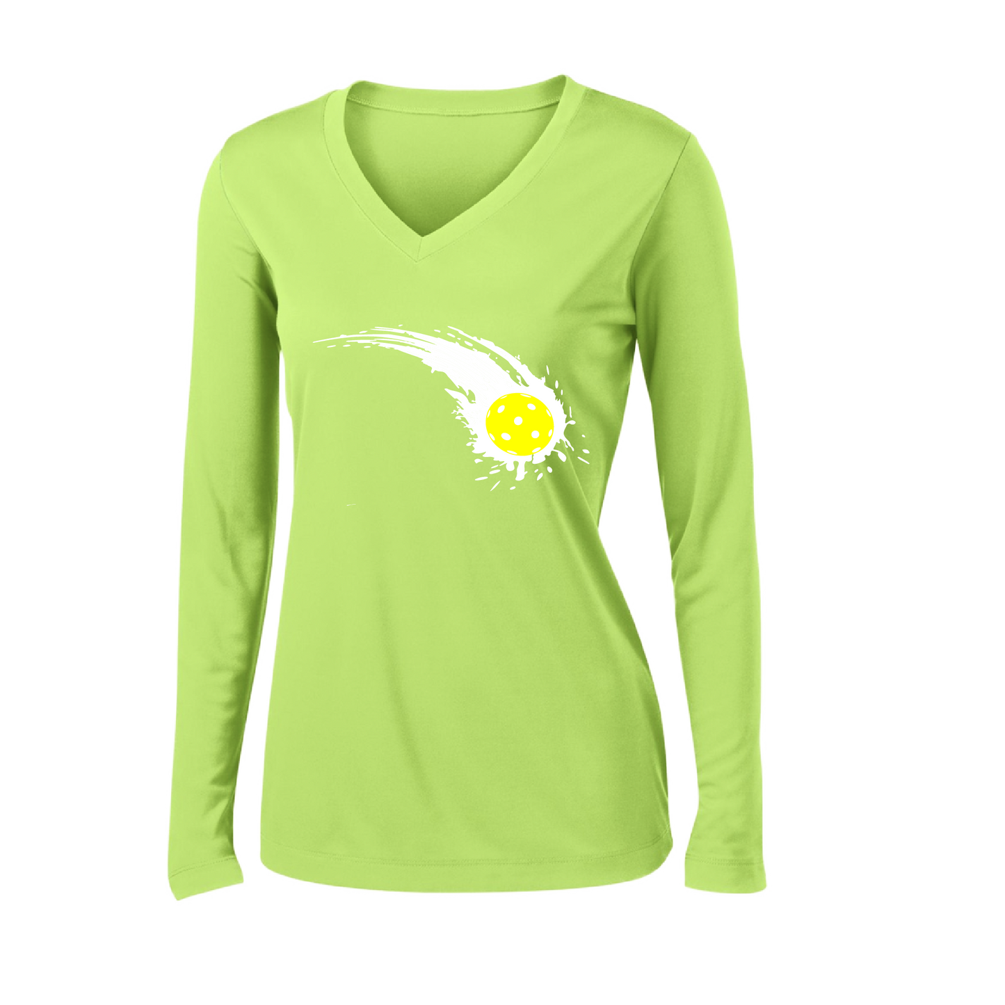 Pickleball Design: Impact  Women's Style: Long Sleeve V-Neck  Turn up the volume in this Women's shirt with its perfect mix of softness and attitude. Material is ultra-comfortable with moisture wicking properties and tri-blend softness. PosiCharge technology locks in color. Highly breathable and lightweight.