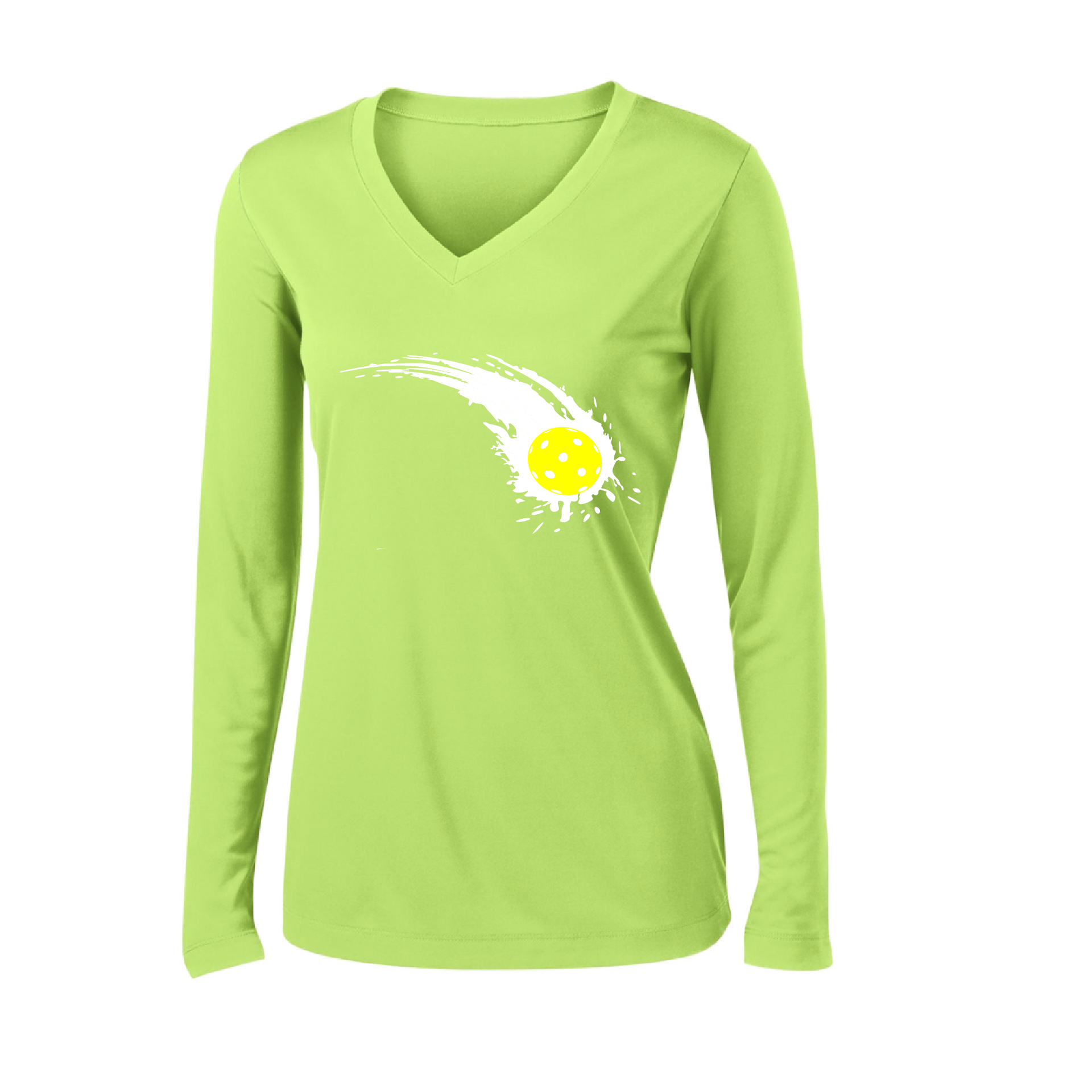 Pickleball Design: Impact  Women's Style: Long Sleeve V-Neck  Turn up the volume in this Women's shirt with its perfect mix of softness and attitude. Material is ultra-comfortable with moisture wicking properties and tri-blend softness. PosiCharge technology locks in color. Highly breathable and lightweight.