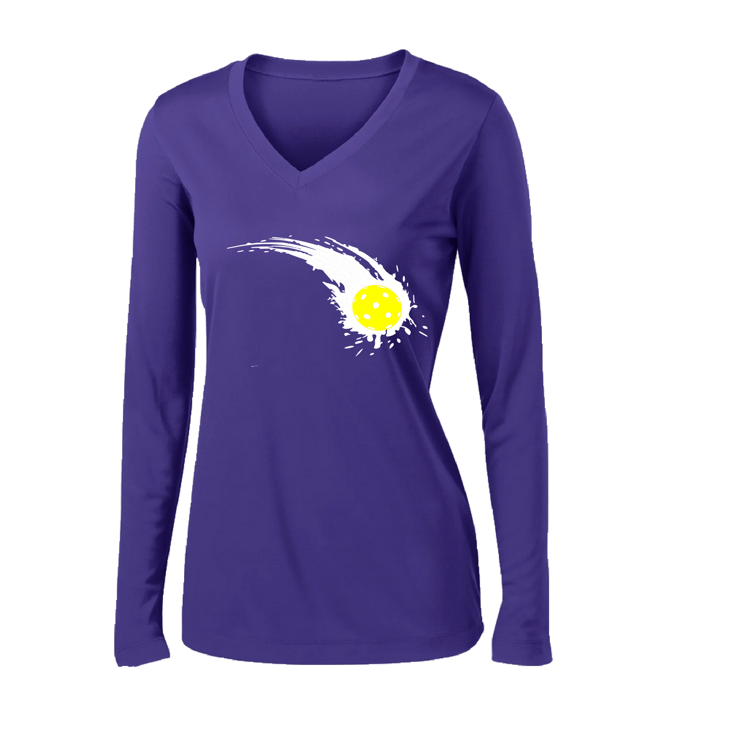 Pickleball Design: Impact  Women's Style: Long Sleeve V-Neck  Turn up the volume in this Women's shirt with its perfect mix of softness and attitude. Material is ultra-comfortable with moisture wicking properties and tri-blend softness. PosiCharge technology locks in color. Highly breathable and lightweight.