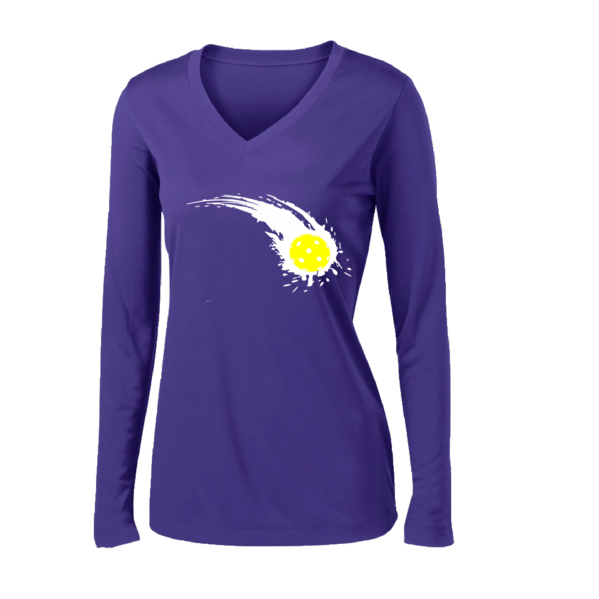 Pickleball Design: Impact  Women's Style: Long Sleeve V-Neck  Turn up the volume in this Women's shirt with its perfect mix of softness and attitude. Material is ultra-comfortable with moisture wicking properties and tri-blend softness. PosiCharge technology locks in color. Highly breathable and lightweight.