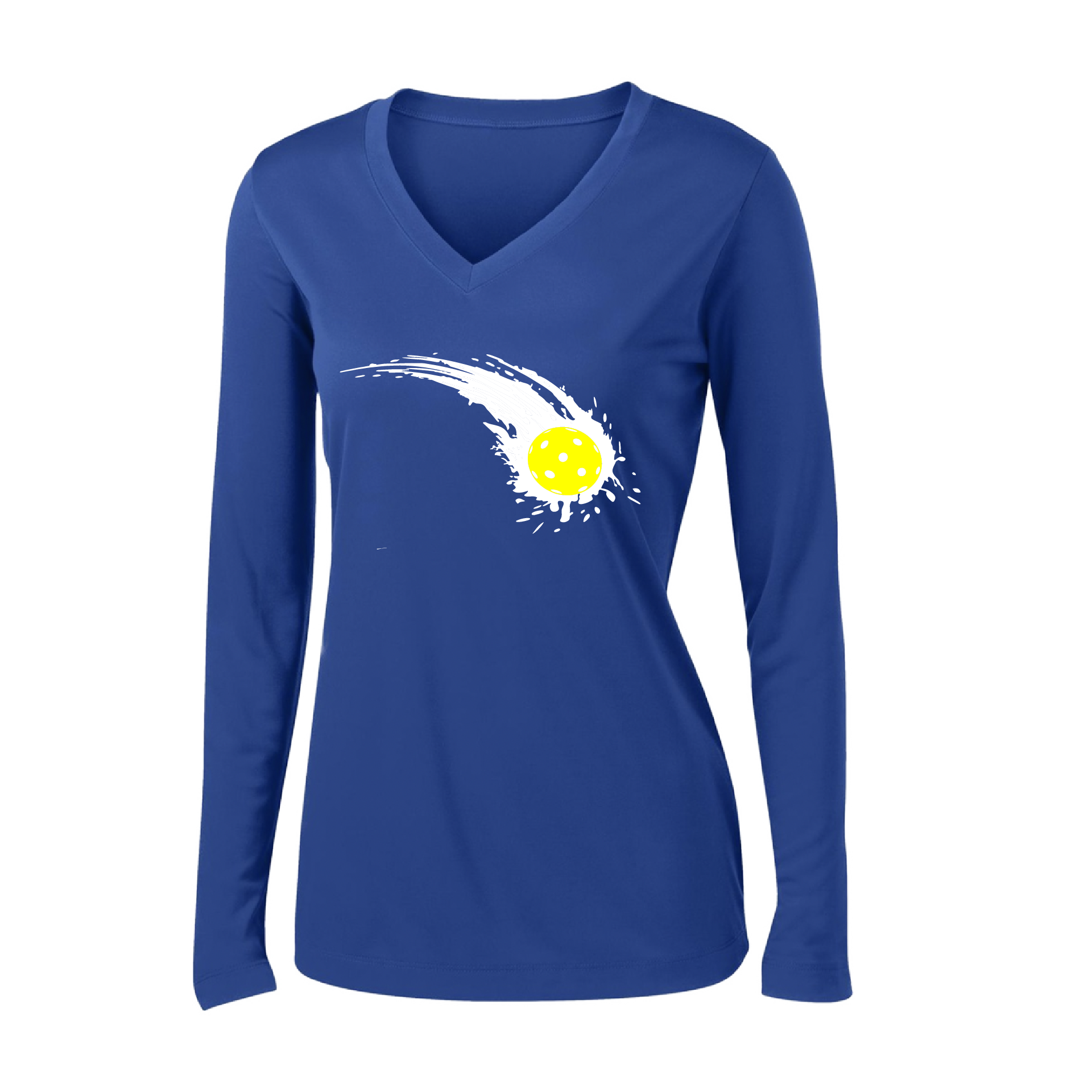 Pickleball Design: Impact  Women's Style: Long Sleeve V-Neck  Turn up the volume in this Women's shirt with its perfect mix of softness and attitude. Material is ultra-comfortable with moisture wicking properties and tri-blend softness. PosiCharge technology locks in color. Highly breathable and lightweight.