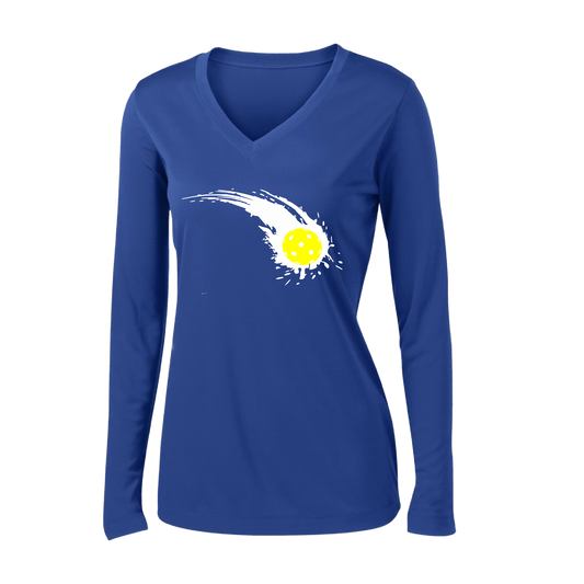 Pickleball Design: Impact  Women's Style: Long Sleeve V-Neck  Turn up the volume in this Women's shirt with its perfect mix of softness and attitude. Material is ultra-comfortable with moisture wicking properties and tri-blend softness. PosiCharge technology locks in color. Highly breathable and lightweight.