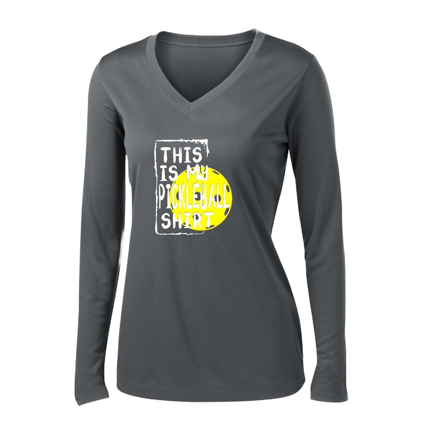 Pickleball Design: This is my Pickleball Shirt  Women's Style: Long Sleeve V-Neck  Turn up the volume in this Women's shirt with its perfect mix of softness and attitude. Material is ultra-comfortable with moisture wicking properties and tri-blend softness. PosiCharge technology locks in color. Highly breathable and lightweight.