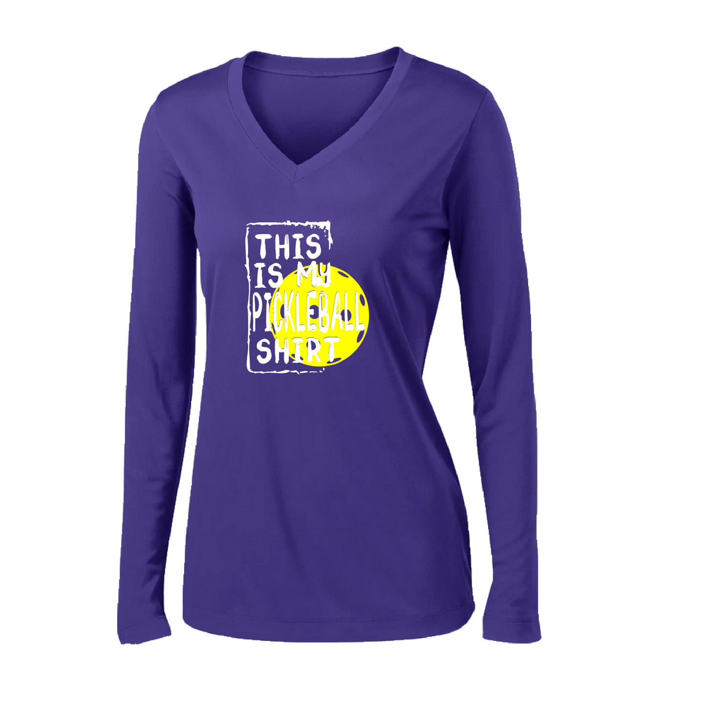 Pickleball Design: This is my Pickleball Shirt  Women's Style: Long Sleeve V-Neck  Turn up the volume in this Women's shirt with its perfect mix of softness and attitude. Material is ultra-comfortable with moisture wicking properties and tri-blend softness. PosiCharge technology locks in color. Highly breathable and lightweight.