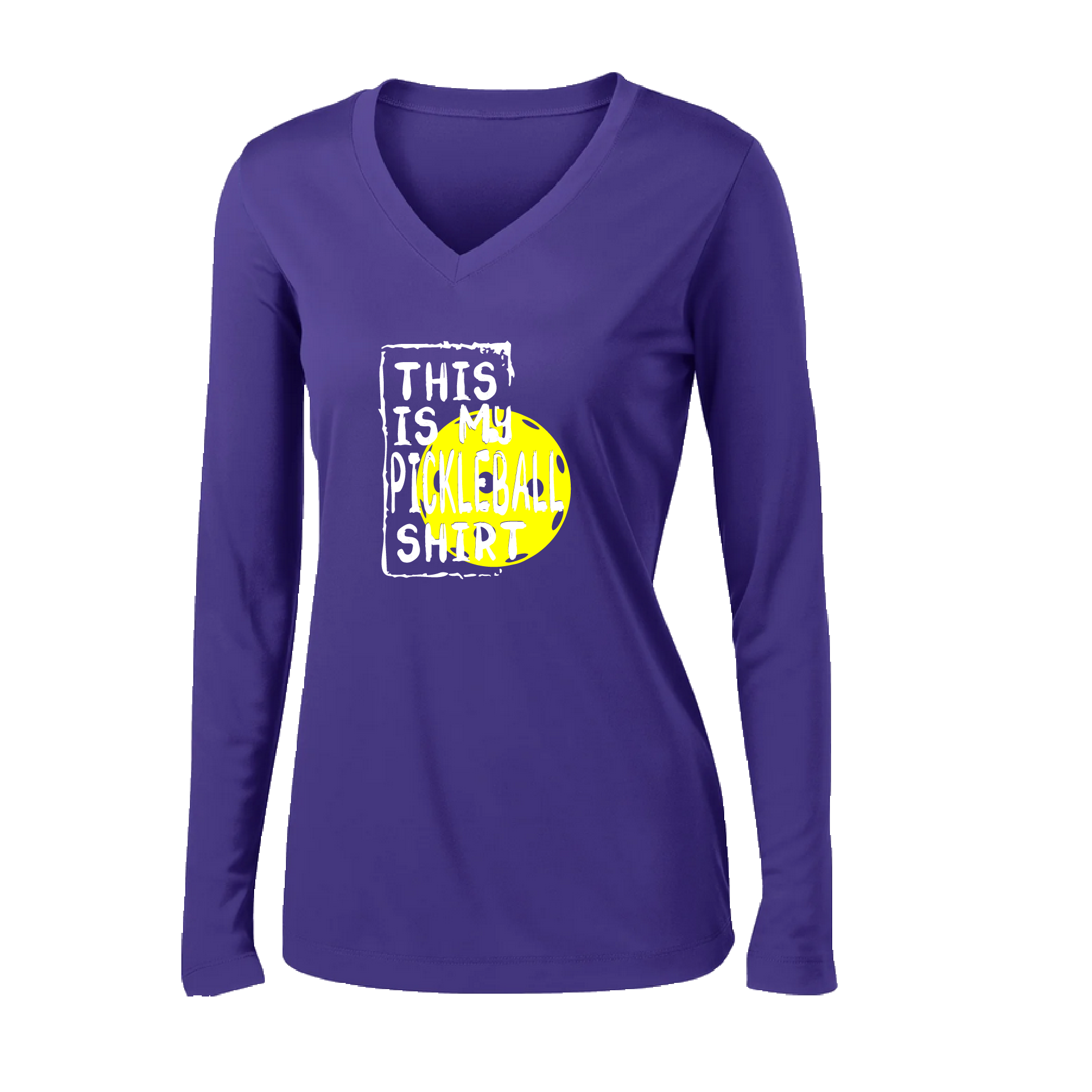 Pickleball Design: This is my Pickleball Shirt  Women's Style: Long Sleeve V-Neck  Turn up the volume in this Women's shirt with its perfect mix of softness and attitude. Material is ultra-comfortable with moisture wicking properties and tri-blend softness. PosiCharge technology locks in color. Highly breathable and lightweight.