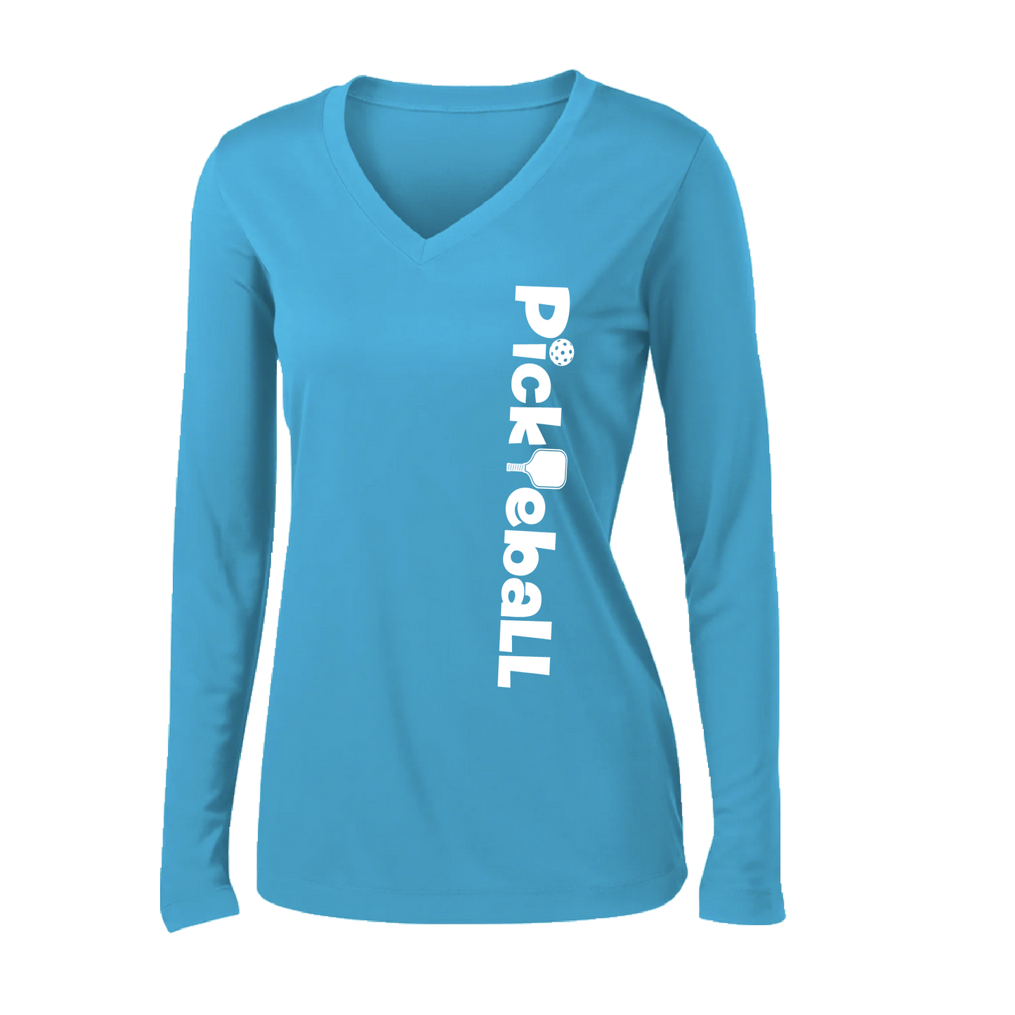 Pickleball Design: Pickleball Horizontal Customizable location  Women's Style: Long-Sleeve V-Neck  Turn up the volume in this Women's shirt with its perfect mix of softness and attitude. Material is ultra-comfortable with moisture wicking properties and tri-blend softness. PosiCharge technology locks in color. Highly breathable and lightweight.