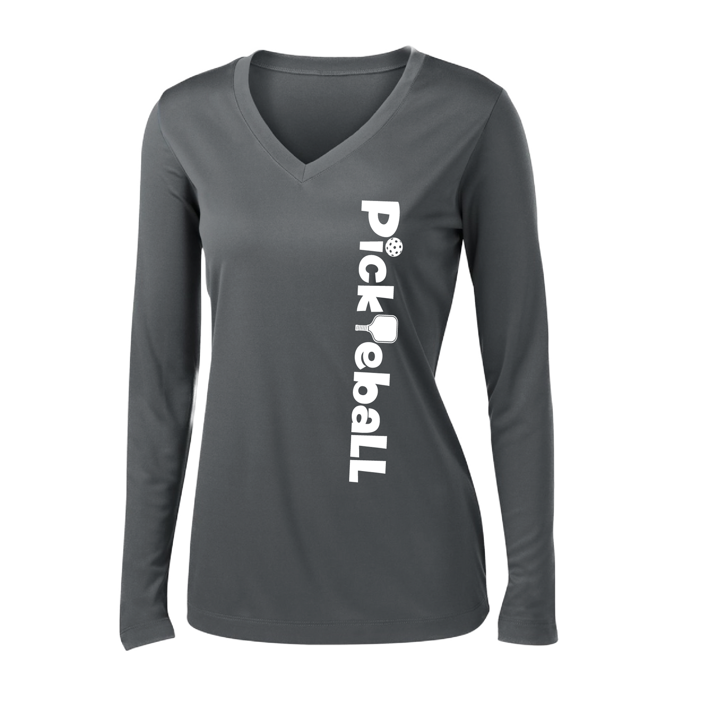 Pickleball Design: Pickleball Horizontal Customizable location  Women's Style: Long-Sleeve V-Neck  Turn up the volume in this Women's shirt with its perfect mix of softness and attitude. Material is ultra-comfortable with moisture wicking properties and tri-blend softness. PosiCharge technology locks in color. Highly breathable and lightweight.