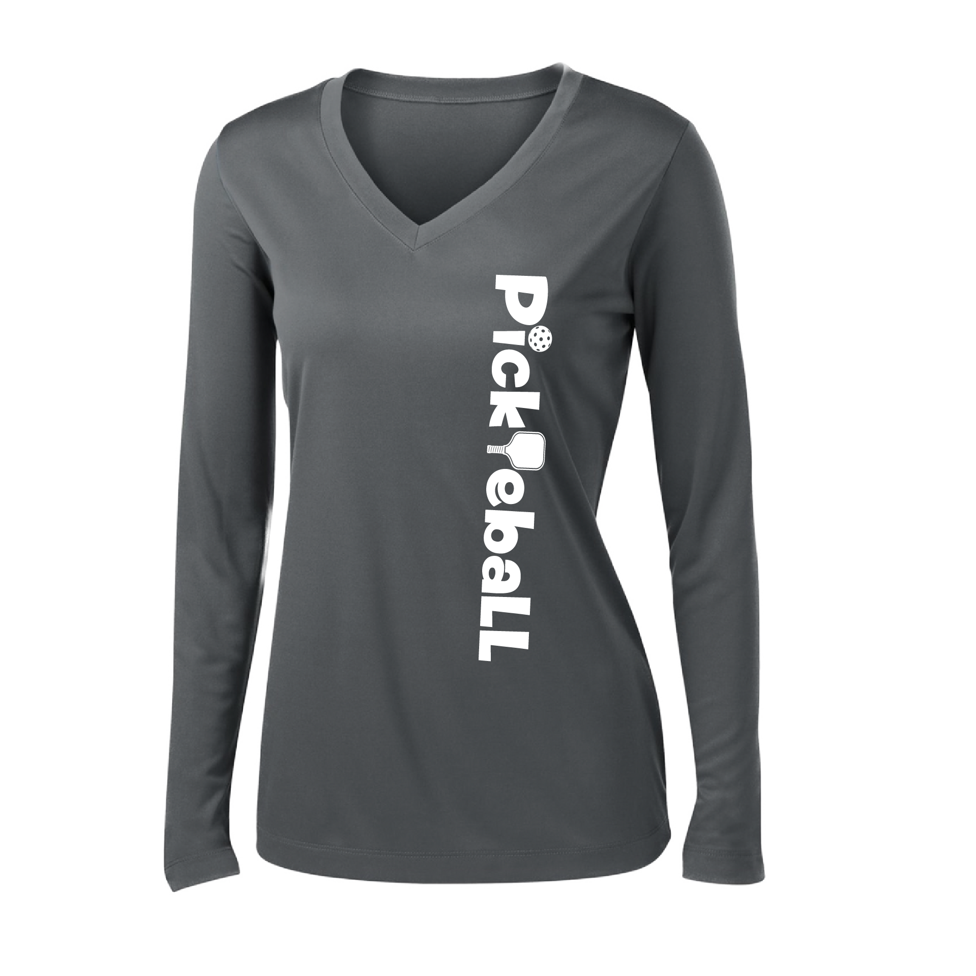 Pickleball Design: Pickleball Horizontal Customizable location  Women's Style: Long-Sleeve V-Neck  Turn up the volume in this Women's shirt with its perfect mix of softness and attitude. Material is ultra-comfortable with moisture wicking properties and tri-blend softness. PosiCharge technology locks in color. Highly breathable and lightweight.