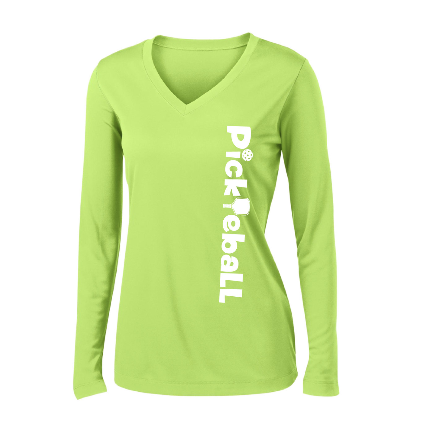 Pickleball Design: Pickleball Horizontal Customizable location  Women's Style: Long-Sleeve V-Neck  Turn up the volume in this Women's shirt with its perfect mix of softness and attitude. Material is ultra-comfortable with moisture wicking properties and tri-blend softness. PosiCharge technology locks in color. Highly breathable and lightweight.