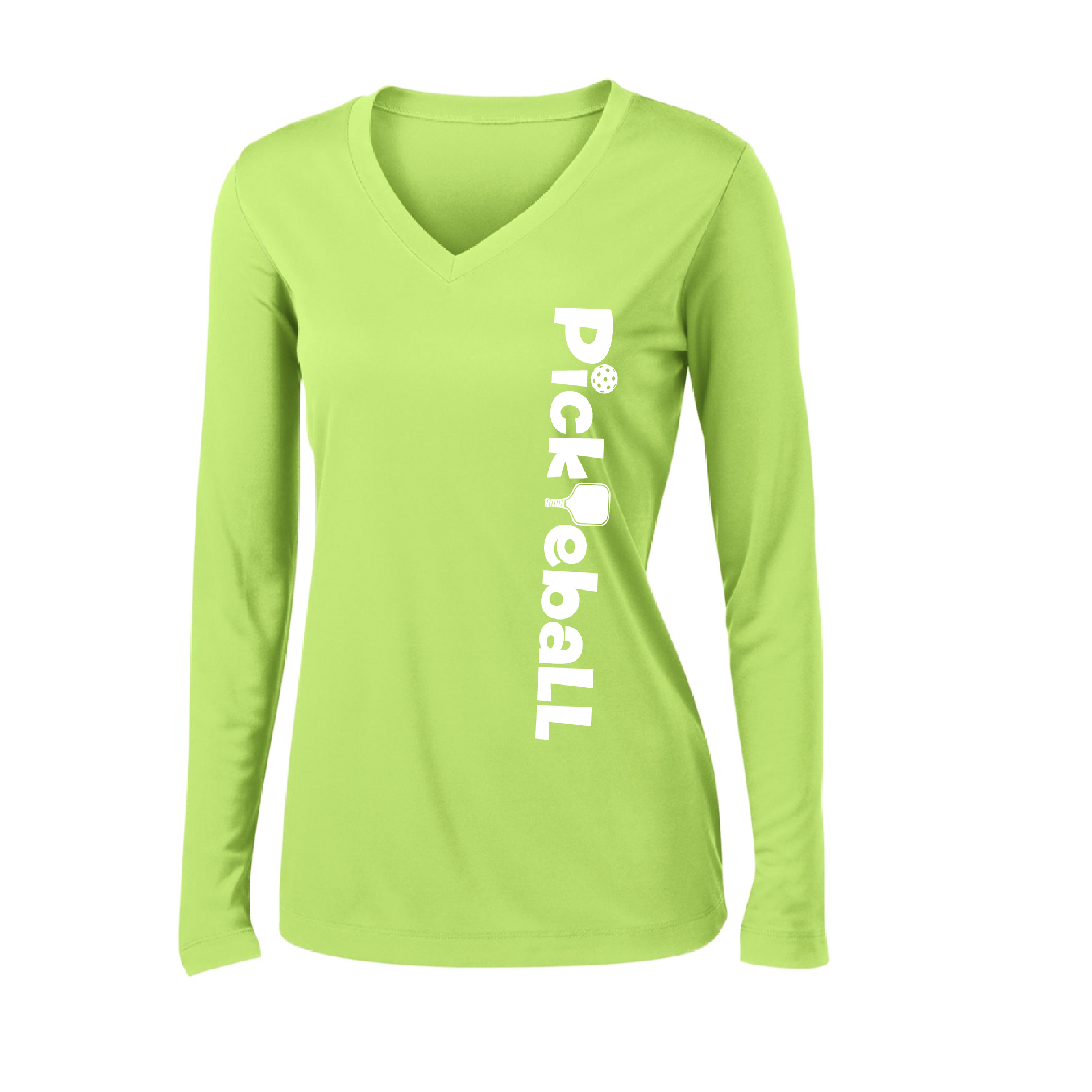 Pickleball Design: Pickleball Horizontal Customizable location  Women's Style: Long-Sleeve V-Neck  Turn up the volume in this Women's shirt with its perfect mix of softness and attitude. Material is ultra-comfortable with moisture wicking properties and tri-blend softness. PosiCharge technology locks in color. Highly breathable and lightweight.