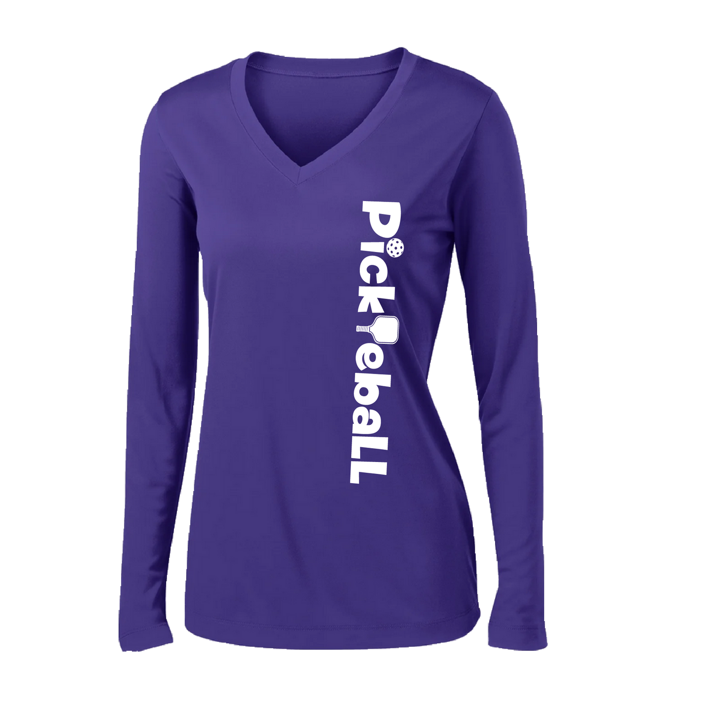 Pickleball Design: Pickleball Horizontal Customizable location  Women's Style: Long-Sleeve V-Neck  Turn up the volume in this Women's shirt with its perfect mix of softness and attitude. Material is ultra-comfortable with moisture wicking properties and tri-blend softness. PosiCharge technology locks in color. Highly breathable and lightweight.