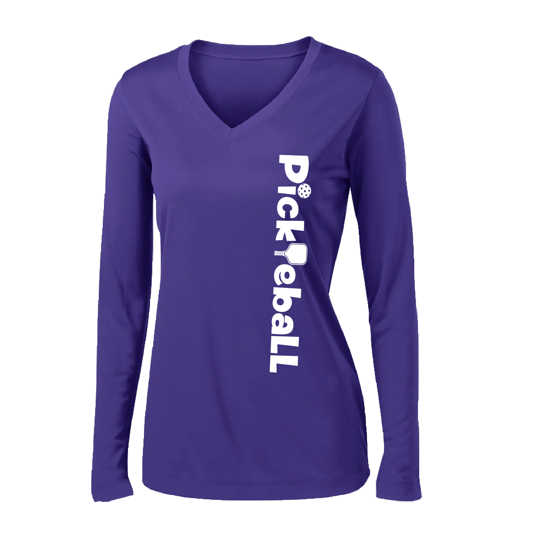 Pickleball Design: Pickleball Horizontal Customizable location  Women's Style: Long-Sleeve V-Neck  Turn up the volume in this Women's shirt with its perfect mix of softness and attitude. Material is ultra-comfortable with moisture wicking properties and tri-blend softness. PosiCharge technology locks in color. Highly breathable and lightweight.