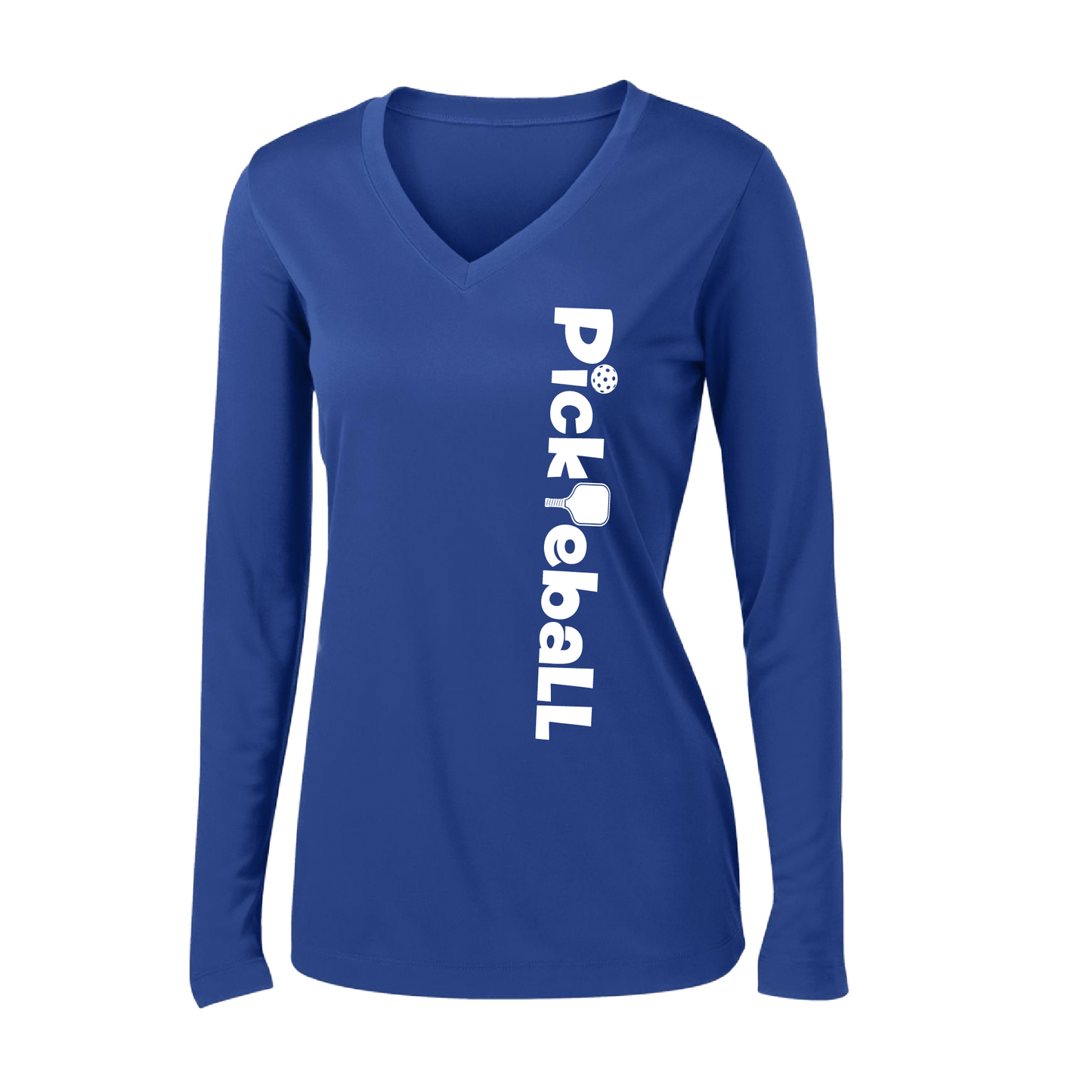 Pickleball Design: Pickleball Horizontal Customizable location  Women's Style: Long-Sleeve V-Neck  Turn up the volume in this Women's shirt with its perfect mix of softness and attitude. Material is ultra-comfortable with moisture wicking properties and tri-blend softness. PosiCharge technology locks in color. Highly breathable and lightweight.