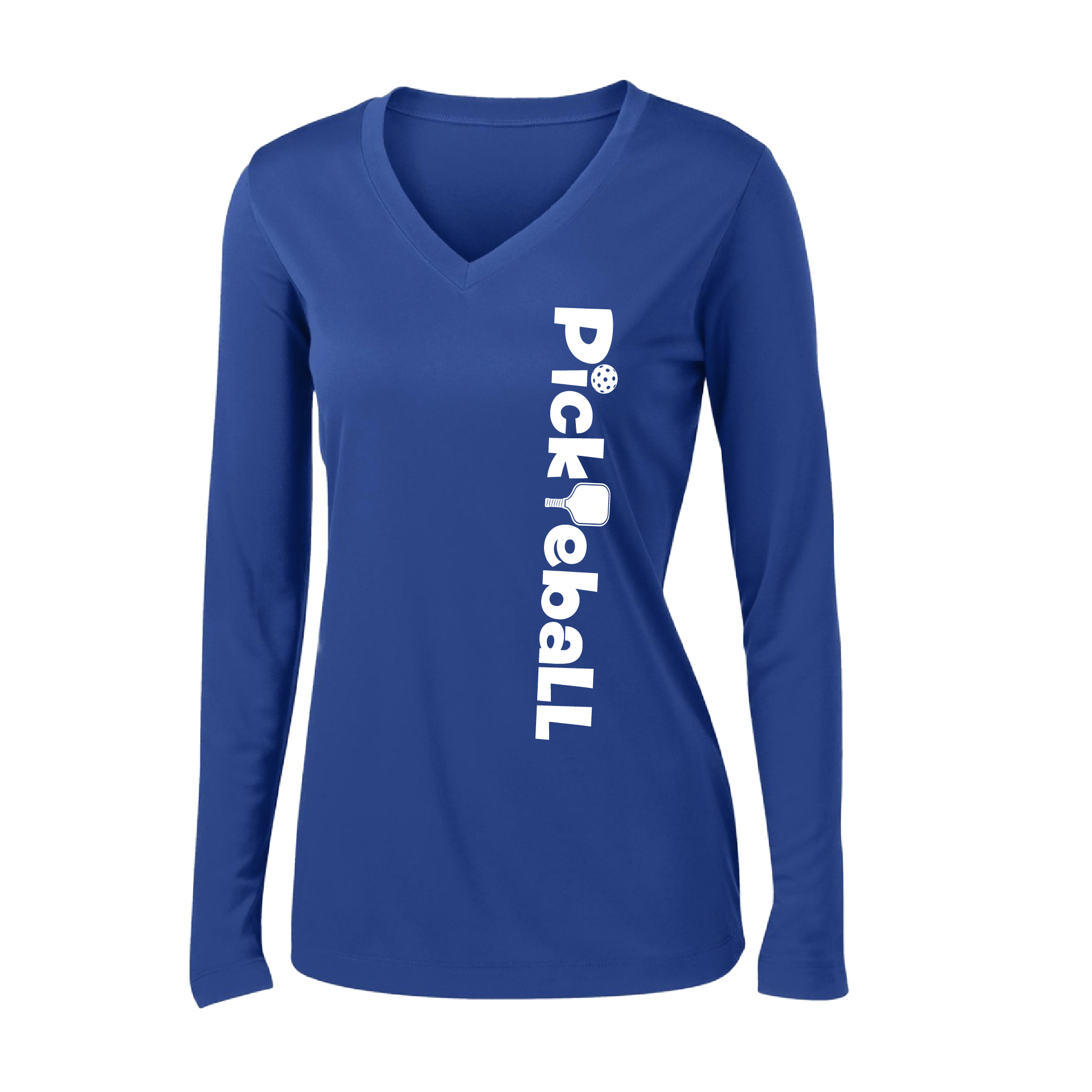 Pickleball Design: Pickleball Horizontal Customizable location  Women's Style: Long-Sleeve V-Neck  Turn up the volume in this Women's shirt with its perfect mix of softness and attitude. Material is ultra-comfortable with moisture wicking properties and tri-blend softness. PosiCharge technology locks in color. Highly breathable and lightweight.