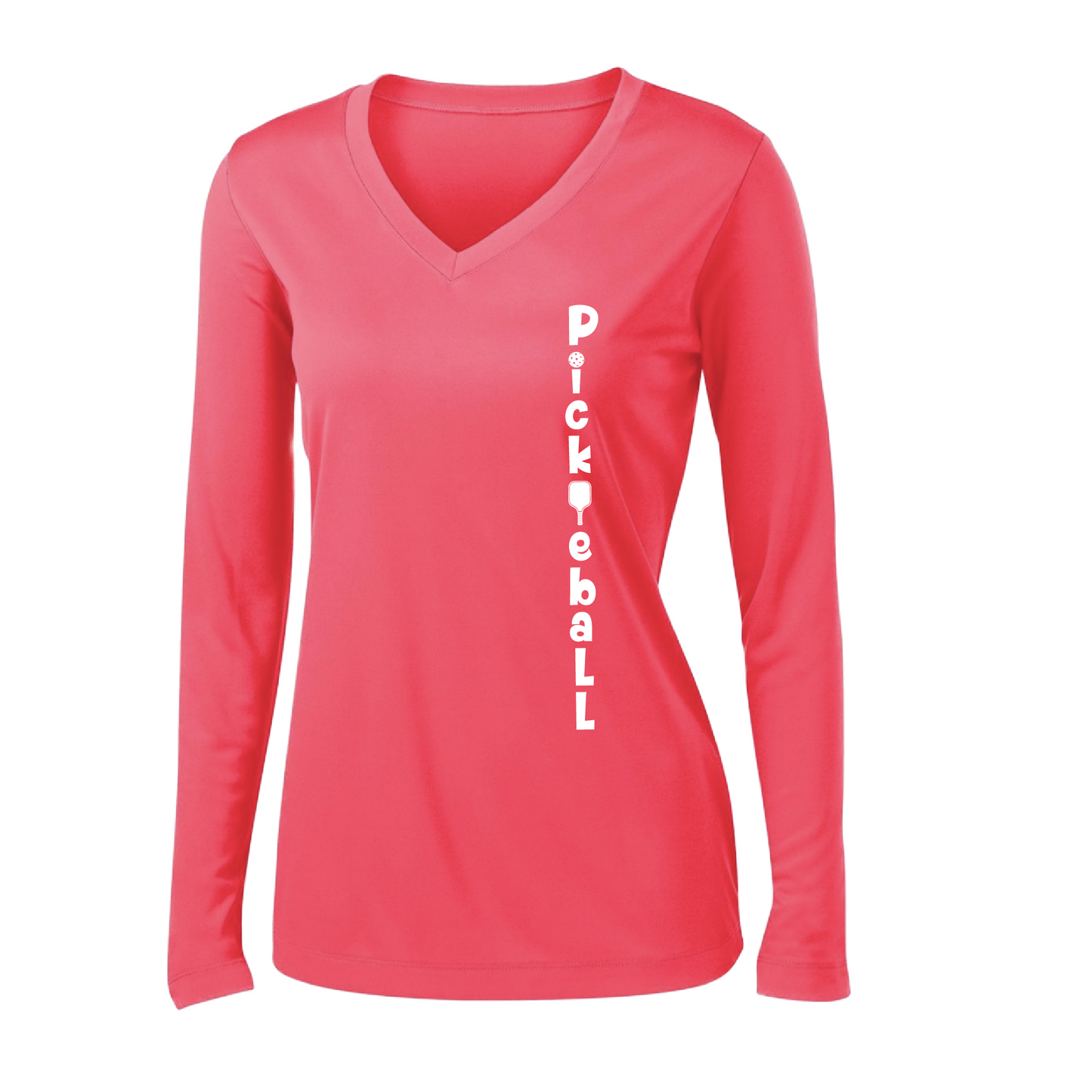 Pickleball Design: Pickleball Vertical Customizable Location  Women's Style: Long-Sleeve V-Neck  Shirts are lightweight, roomy and highly breathable. These moisture-wicking shirts are designed for athletic performance. They feature PosiCharge technology to lock in color and prevent logos from fading. Removable tag and set-in sleeves for comfort.
