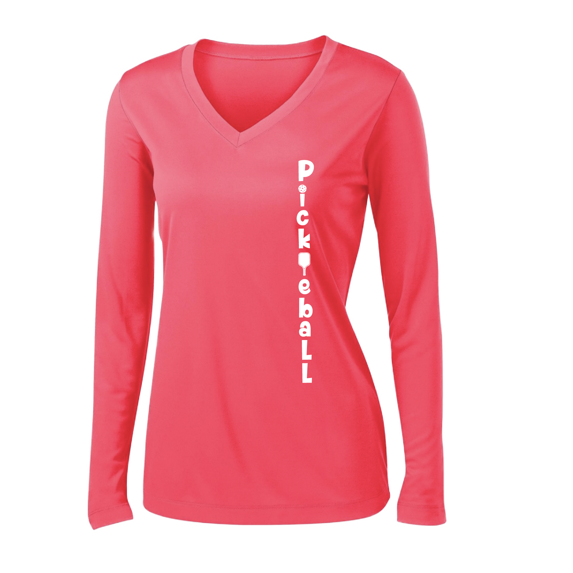 Pickleball Design: Pickleball Vertical Customizable Location  Women's Style: Long-Sleeve V-Neck  Shirts are lightweight, roomy and highly breathable. These moisture-wicking shirts are designed for athletic performance. They feature PosiCharge technology to lock in color and prevent logos from fading. Removable tag and set-in sleeves for comfort.