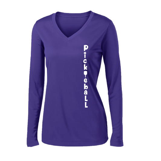 Pickleball Design: Pickleball Vertical Customizable Location  Women's Style: Long-Sleeve V-Neck  Shirts are lightweight, roomy and highly breathable. These moisture-wicking shirts are designed for athletic performance. They feature PosiCharge technology to lock in color and prevent logos from fading. Removable tag and set-in sleeves for comfort.