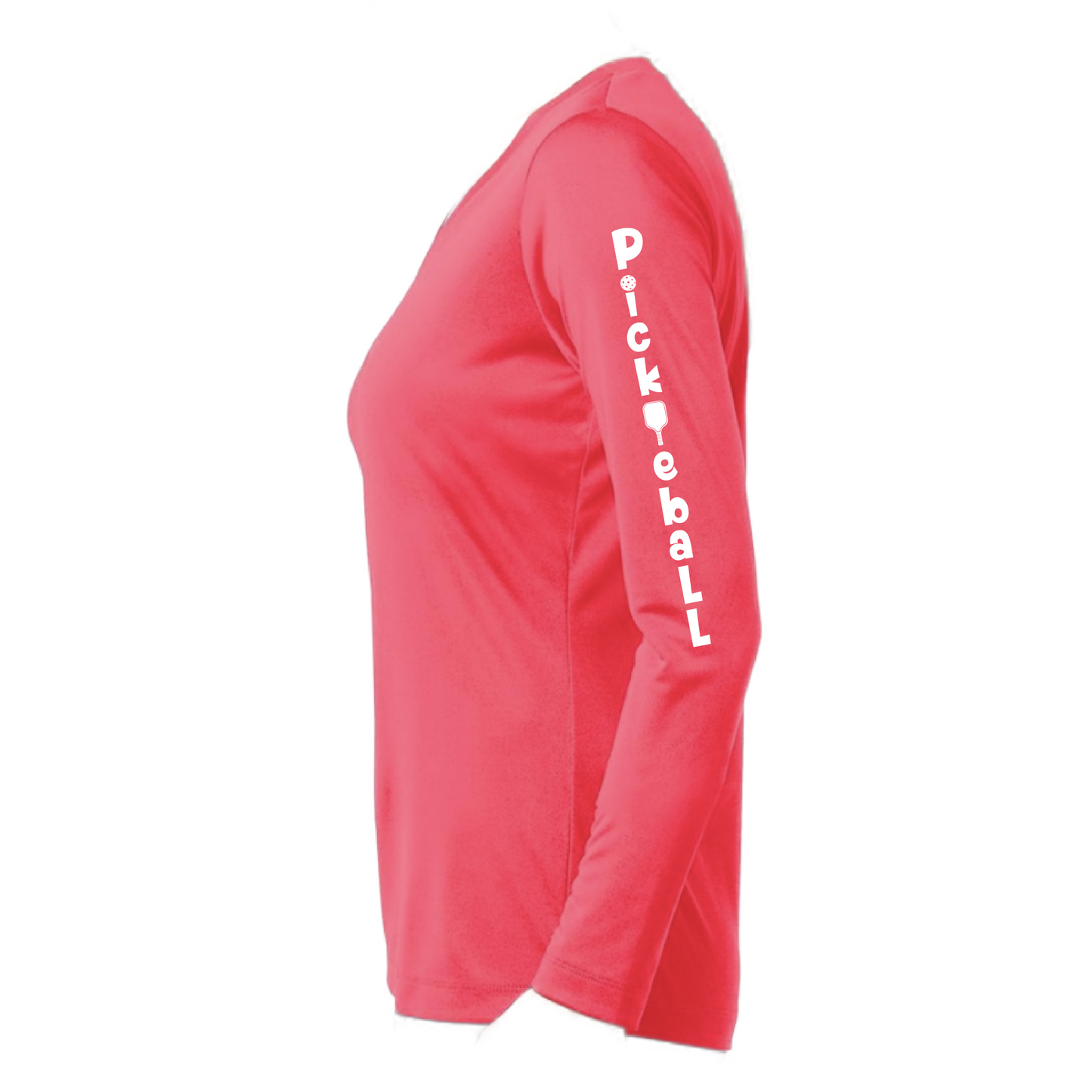 Pickleball Design: Pickleball Vertical Customizable Location  Women's Style: Long-Sleeve V-Neck  Shirts are lightweight, roomy and highly breathable. These moisture-wicking shirts are designed for athletic performance. They feature PosiCharge technology to lock in color and prevent logos from fading. Removable tag and set-in sleeves for comfort.