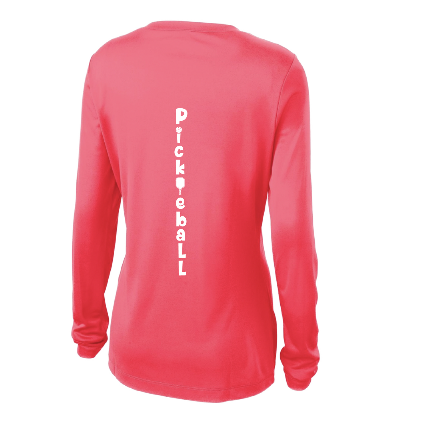 Pickleball Design: Pickleball Vertical Customizable Location  Women's Style: Long-Sleeve V-Neck  Shirts are lightweight, roomy and highly breathable. These moisture-wicking shirts are designed for athletic performance. They feature PosiCharge technology to lock in color and prevent logos from fading. Removable tag and set-in sleeves for comfort.