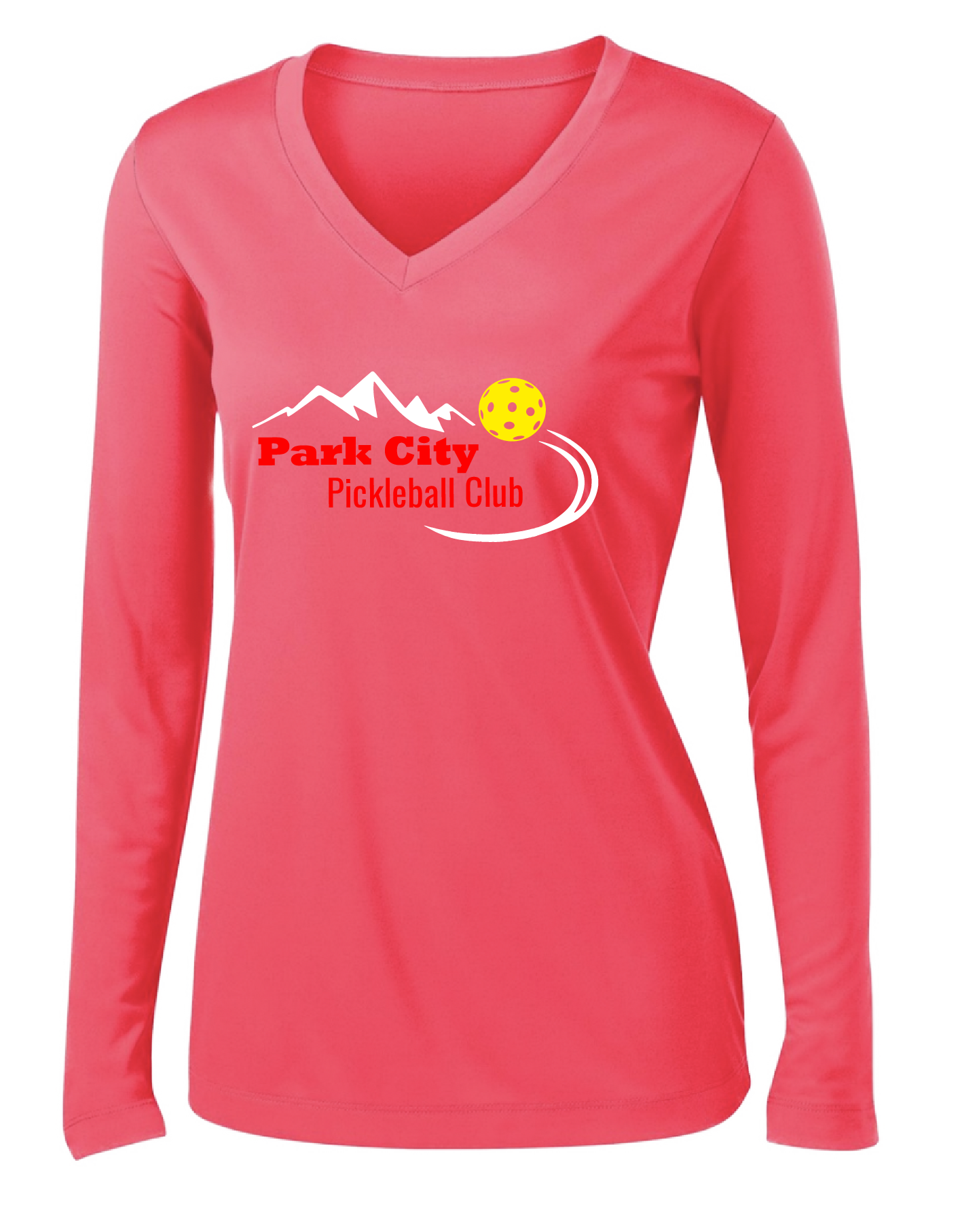 Pickleball Design: Park City Pickleball Club (red words)  Women's Style: Long Sleeve V-Neck  Turn up the volume in this Women's shirt with its perfect mix of softness and attitude. Material is ultra-comfortable with moisture wicking properties and tri-blend softness. PosiCharge technology locks in color. Highly breathable and lightweight.