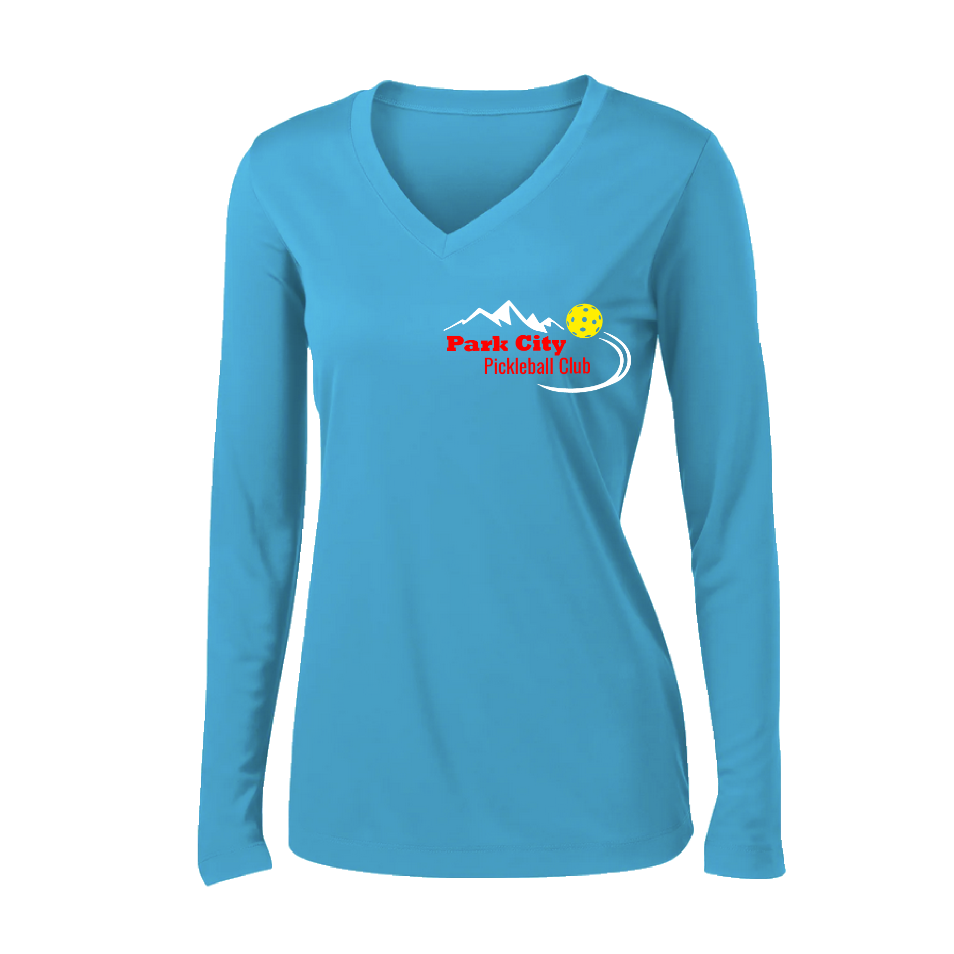 Pickleball Design: Park City Pickleball Club (red words)  Women's Style: Long Sleeve V-Neck  Turn up the volume in this Women's shirt with its perfect mix of softness and attitude. Material is ultra-comfortable with moisture wicking properties and tri-blend softness. PosiCharge technology locks in color. Highly breathable and lightweight.