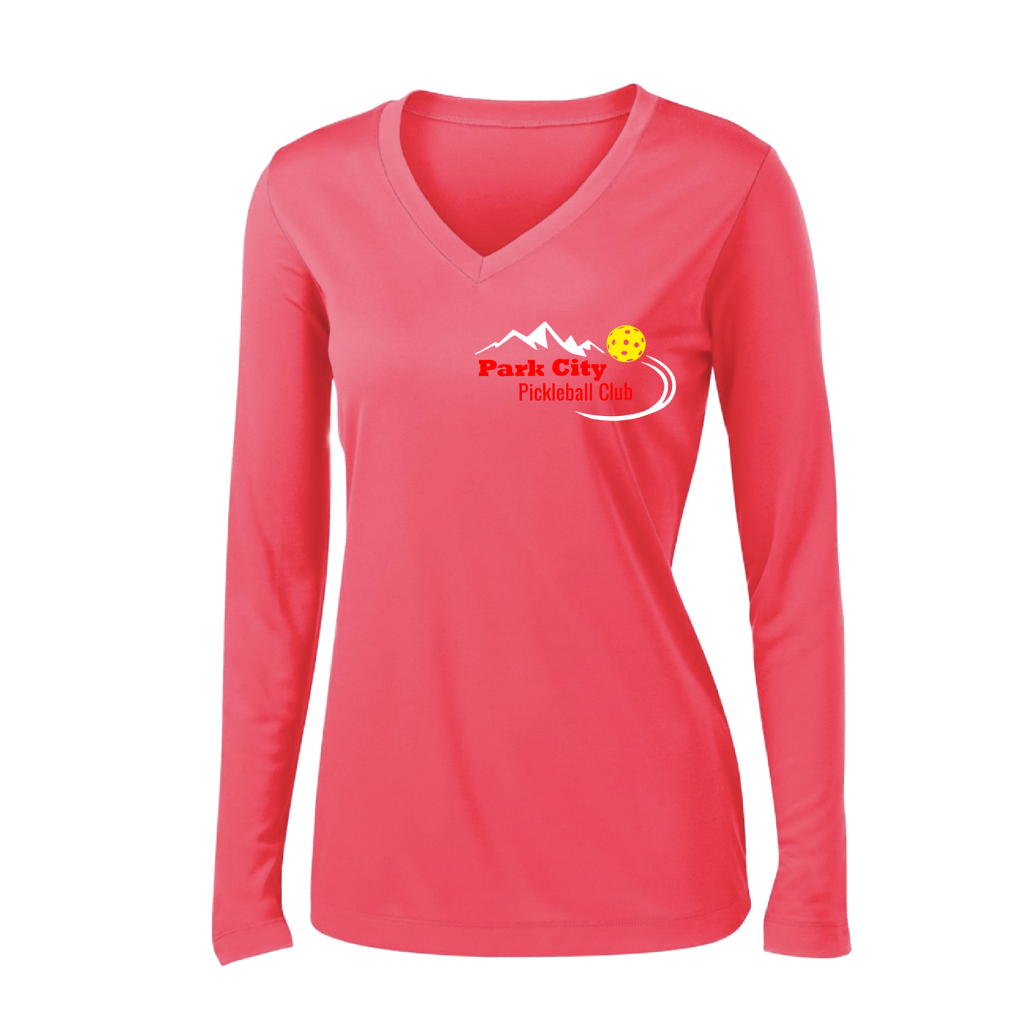 Pickleball Design: Park City Pickleball Club (red words)  Women's Style: Long Sleeve V-Neck  Turn up the volume in this Women's shirt with its perfect mix of softness and attitude. Material is ultra-comfortable with moisture wicking properties and tri-blend softness. PosiCharge technology locks in color. Highly breathable and lightweight.