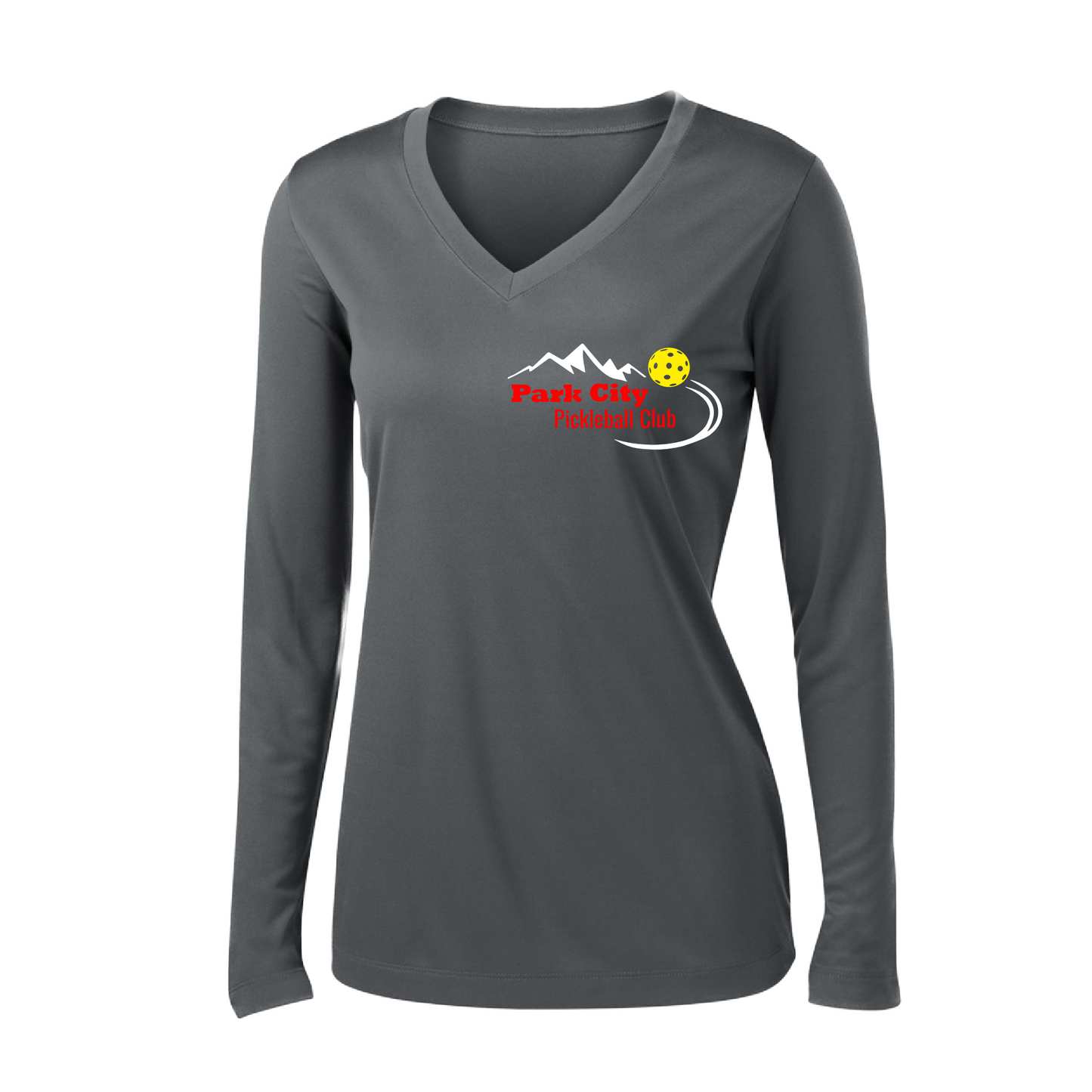 Pickleball Design: Park City Pickleball Club (red words)  Women's Style: Long Sleeve V-Neck  Turn up the volume in this Women's shirt with its perfect mix of softness and attitude. Material is ultra-comfortable with moisture wicking properties and tri-blend softness. PosiCharge technology locks in color. Highly breathable and lightweight.