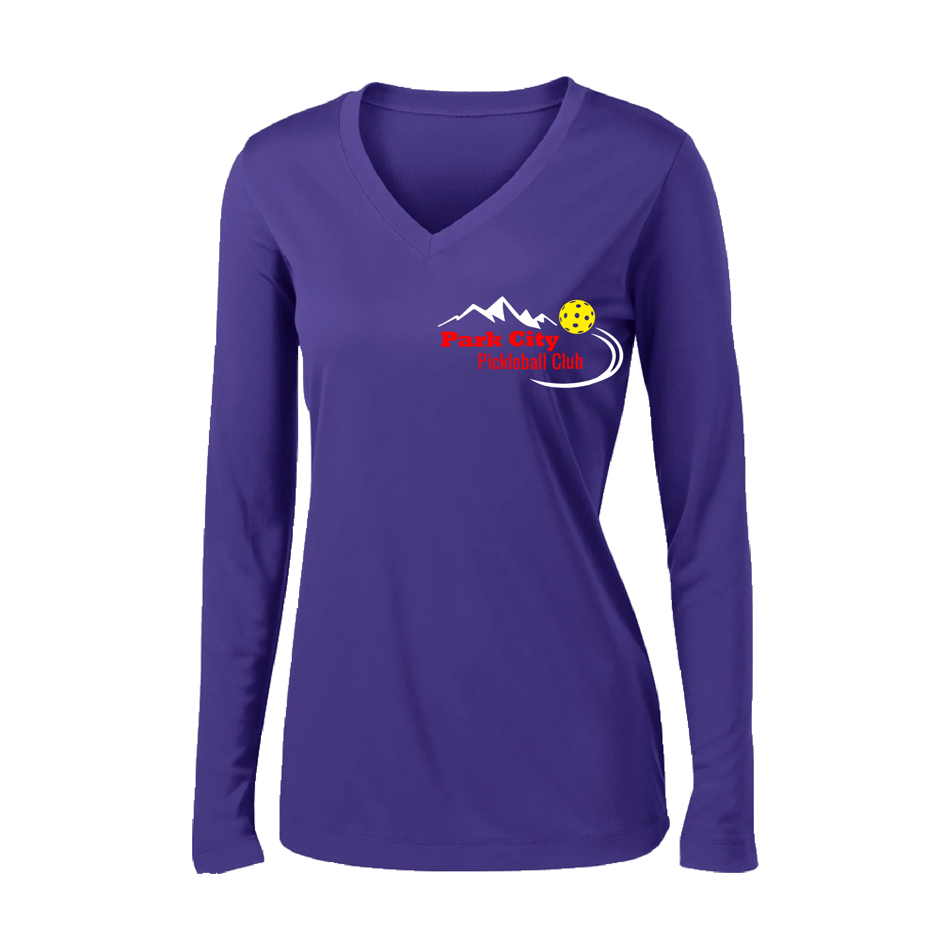 Pickleball Design: Park City Pickleball Club (red words)  Women's Style: Long Sleeve V-Neck  Turn up the volume in this Women's shirt with its perfect mix of softness and attitude. Material is ultra-comfortable with moisture wicking properties and tri-blend softness. PosiCharge technology locks in color. Highly breathable and lightweight.