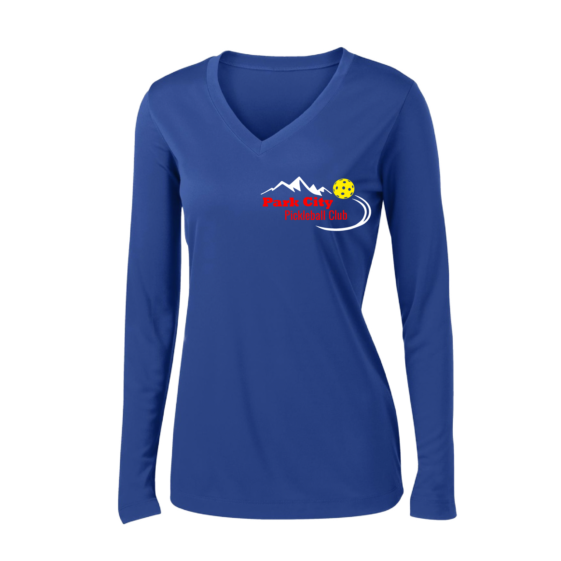 Pickleball Design: Park City Pickleball Club (red words)  Women's Style: Long Sleeve V-Neck  Turn up the volume in this Women's shirt with its perfect mix of softness and attitude. Material is ultra-comfortable with moisture wicking properties and tri-blend softness. PosiCharge technology locks in color. Highly breathable and lightweight.