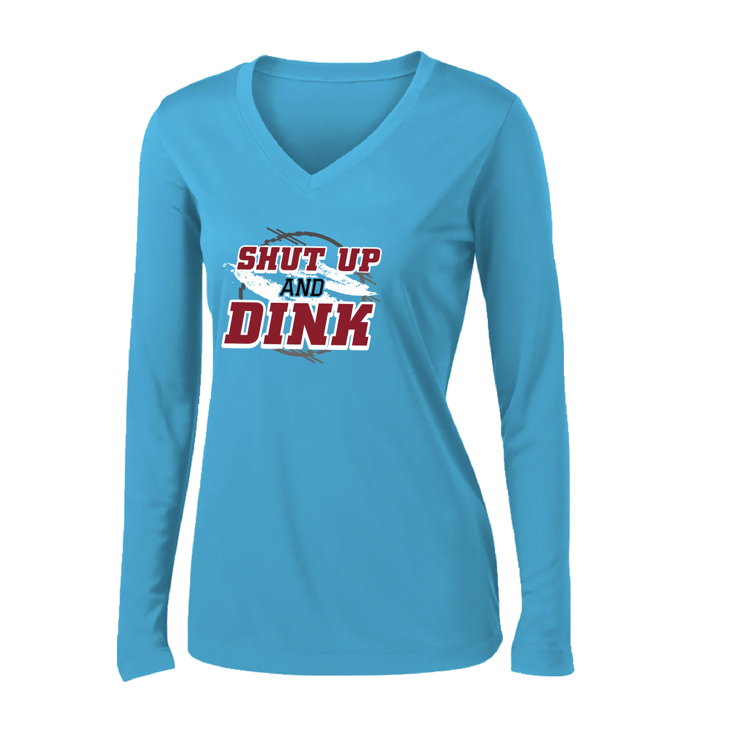 Pickleball Design: Shut up and Dink  Women's Styles: Long-Sleeve V-Neck  Turn up the volume in this Women's shirt with its perfect mix of softness and attitude. Material is ultra-comfortable with moisture wicking properties and tri-blend softness. PosiCharge technology locks in color. Highly breathable and lightweight.