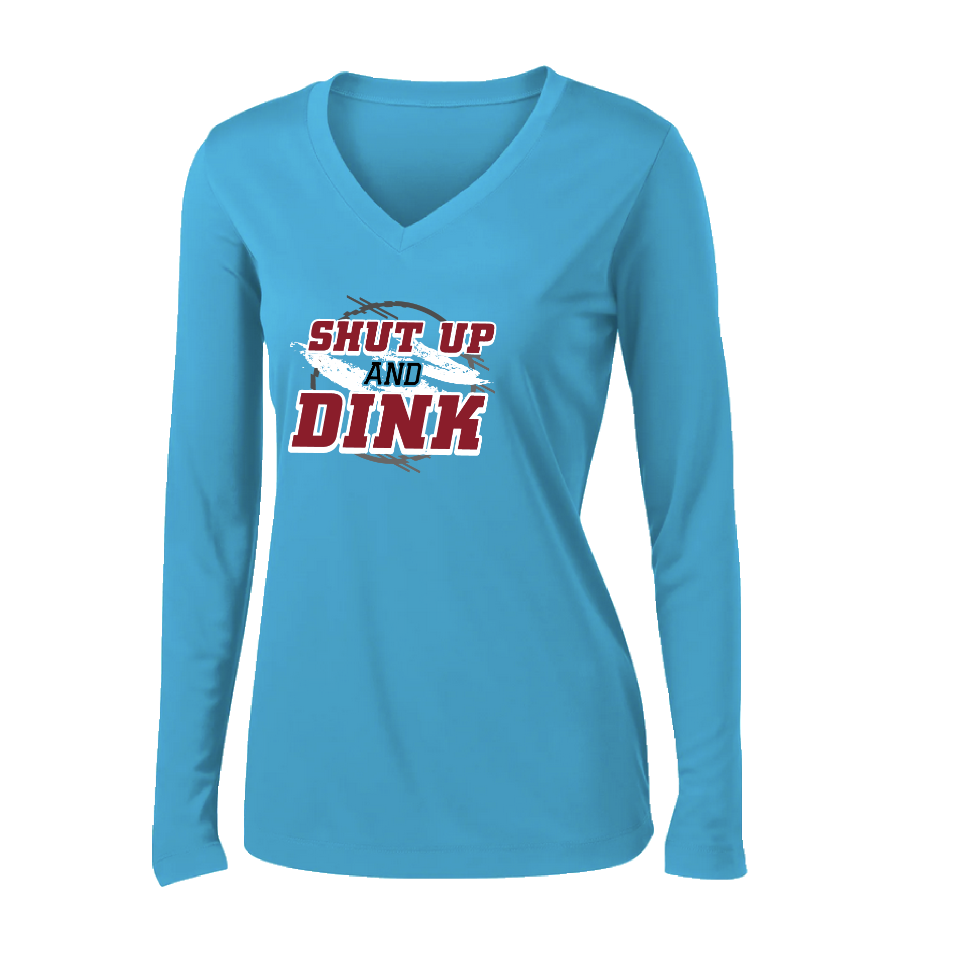 Pickleball Design: Shut up and Dink  Women's Styles: Long-Sleeve V-Neck  Turn up the volume in this Women's shirt with its perfect mix of softness and attitude. Material is ultra-comfortable with moisture wicking properties and tri-blend softness. PosiCharge technology locks in color. Highly breathable and lightweight.