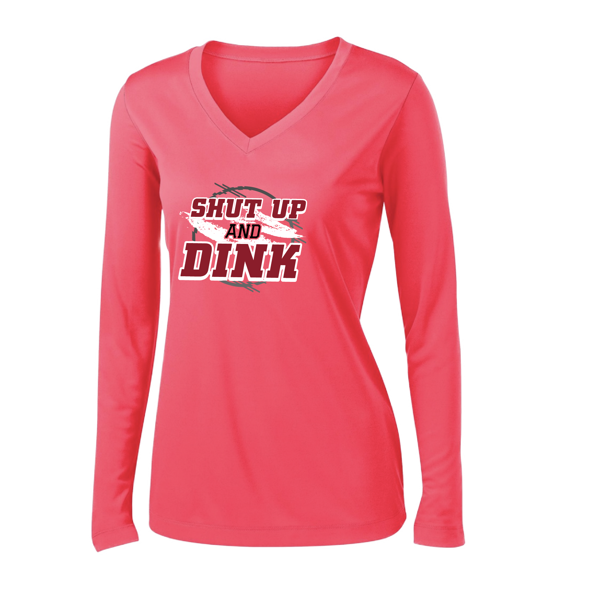 Pickleball Design: Shut up and Dink  Women's Styles: Long-Sleeve V-Neck  Turn up the volume in this Women's shirt with its perfect mix of softness and attitude. Material is ultra-comfortable with moisture wicking properties and tri-blend softness. PosiCharge technology locks in color. Highly breathable and lightweight.