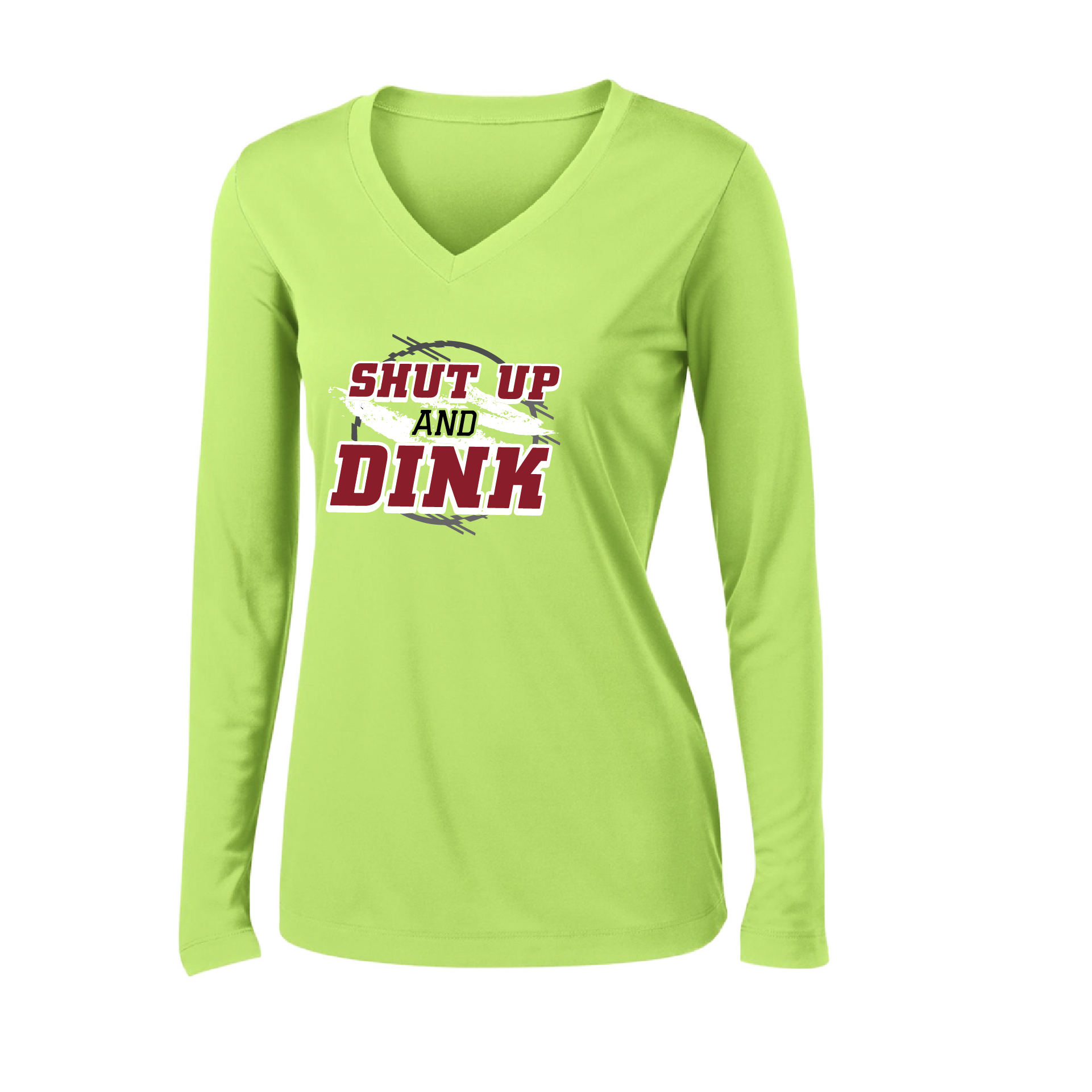 Pickleball Design: Shut up and Dink  Women's Styles: Long-Sleeve V-Neck  Turn up the volume in this Women's shirt with its perfect mix of softness and attitude. Material is ultra-comfortable with moisture wicking properties and tri-blend softness. PosiCharge technology locks in color. Highly breathable and lightweight.